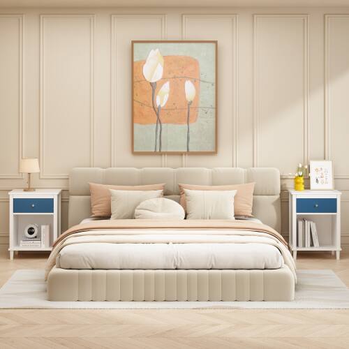 Left. LUCKY ONE - 26.8" Assembled Wooden Nightstand 1-Drawer 1-Shelf - White+Navy.