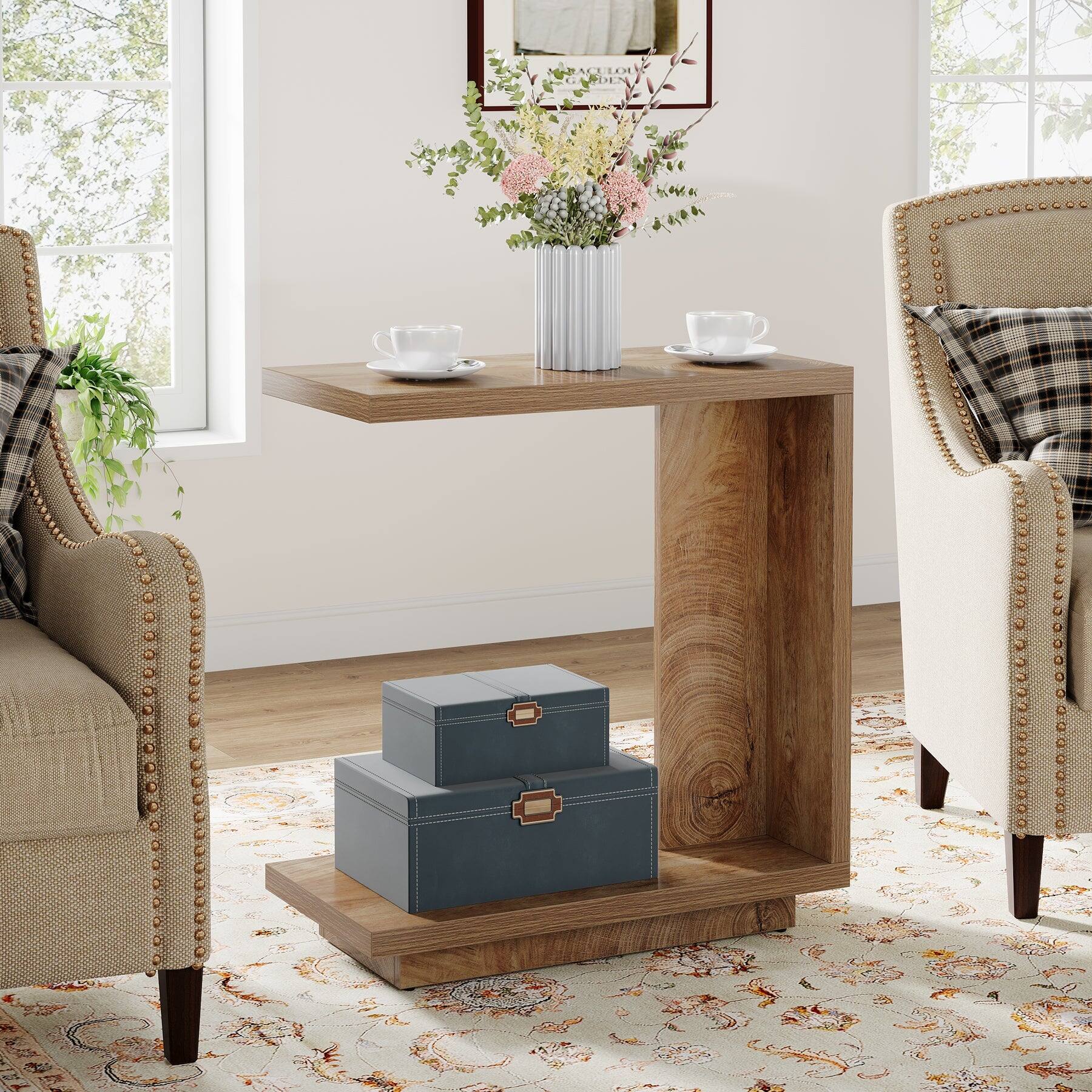 Front. Tribesigns - End Table with Engineered Wood Construction and Slatted Design for Books, Drinks and Everyday Essentials - Brown.