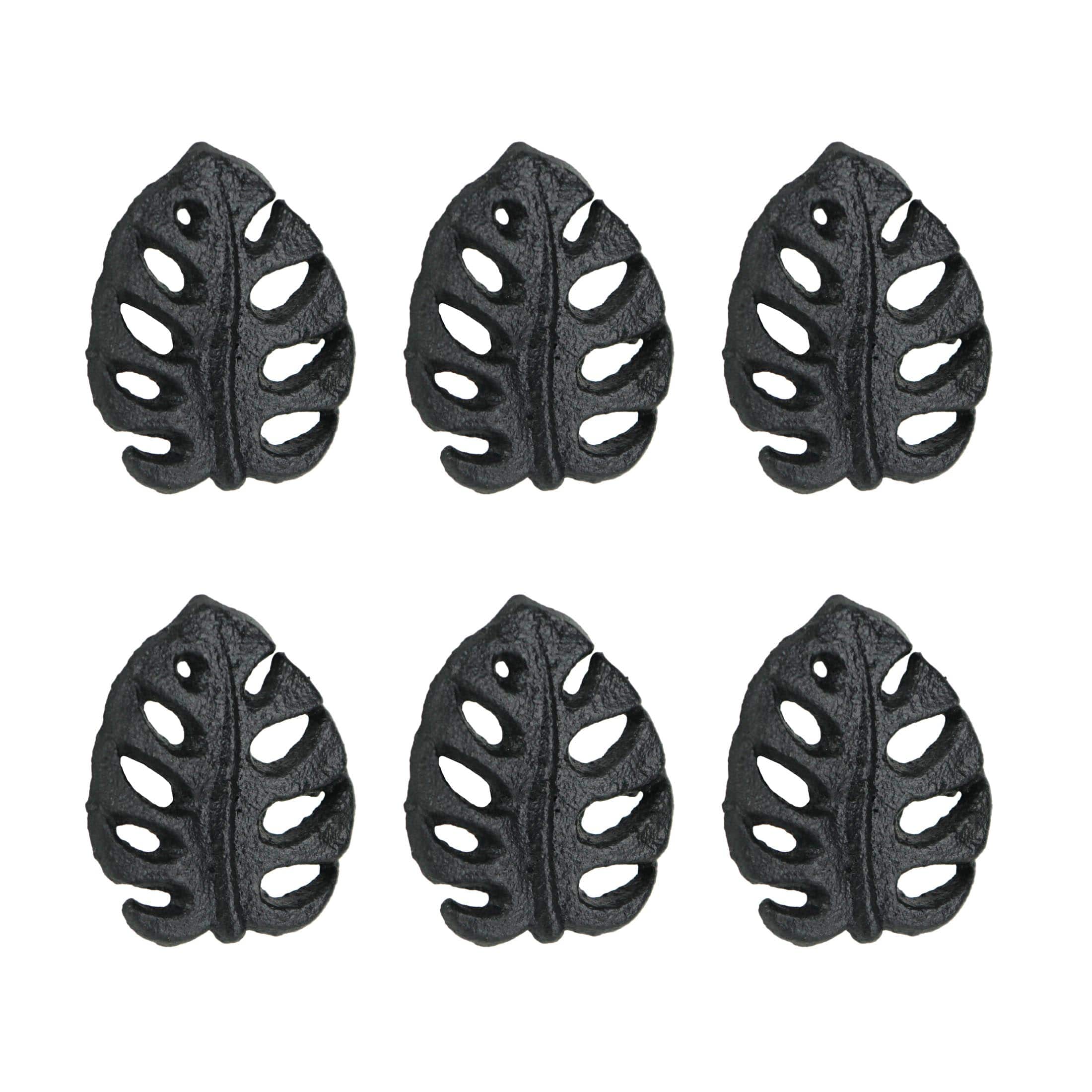 Zeckos - Set of 6 Cast Iron Monstera Leaf Drawer Pulls Decorative Cabinet Knobs - Black