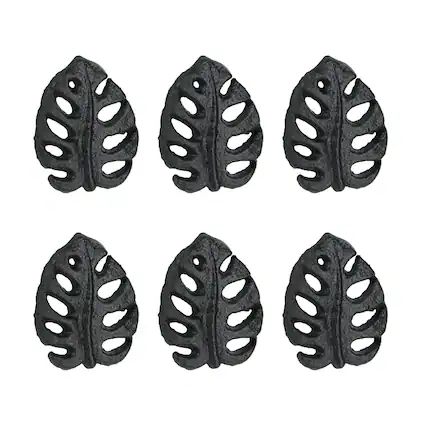 Front. Zeckos - Set of 6 Black Cast Iron Monstera Leaf Drawer Pulls Decorative Cabinet Knobs - Black.