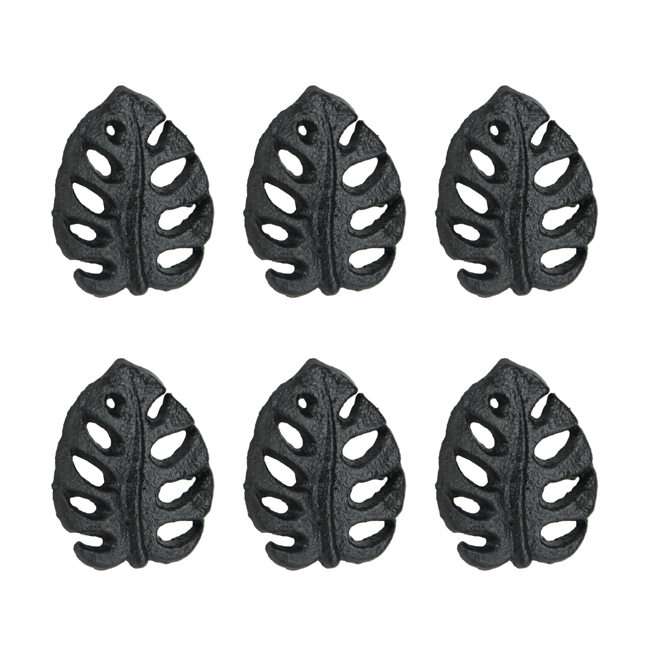Front. Zeckos - Set of 6 Black Cast Iron Monstera Leaf Drawer Pulls Decorative Cabinet Knobs - Black.