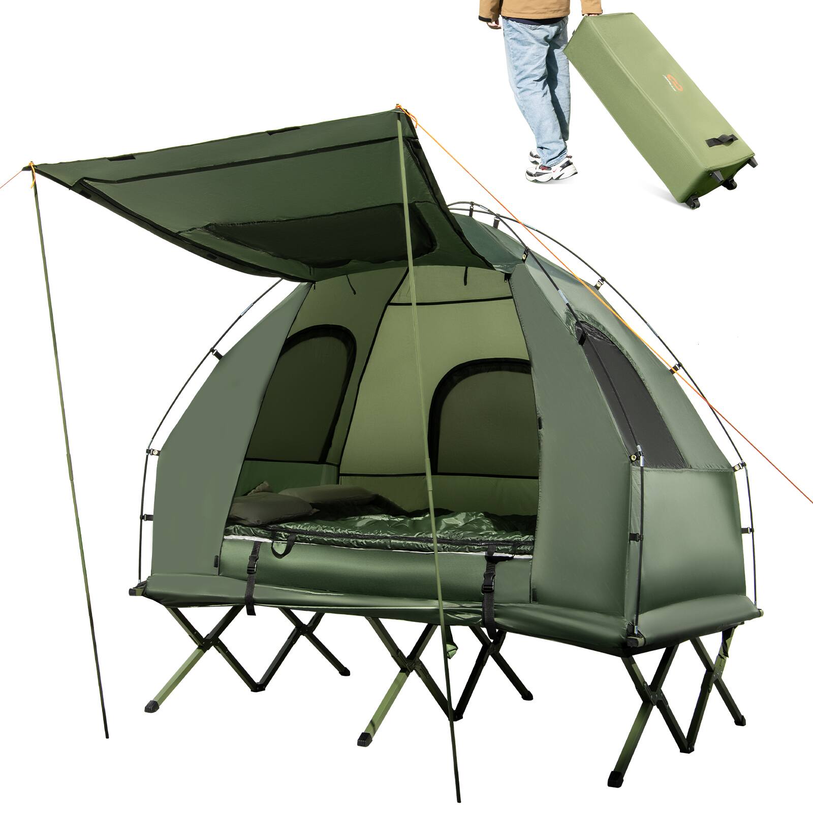 Front. Gymax - Gymax 2-Person Camping Tent Cot 5-in-1 Folding Camping Bed w/ Air Mattress Pillow Sleeping Bag - Army Green.