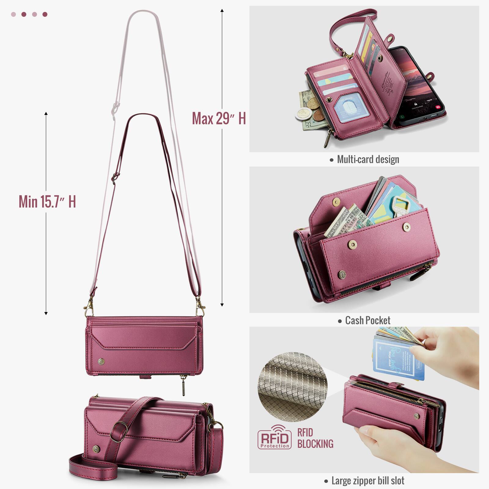 Max 29" H  
Min 15.7" H  
Multi-card design  
Cash Pocket  
RFID BLOCKING Protection  
Large zipper bill slot