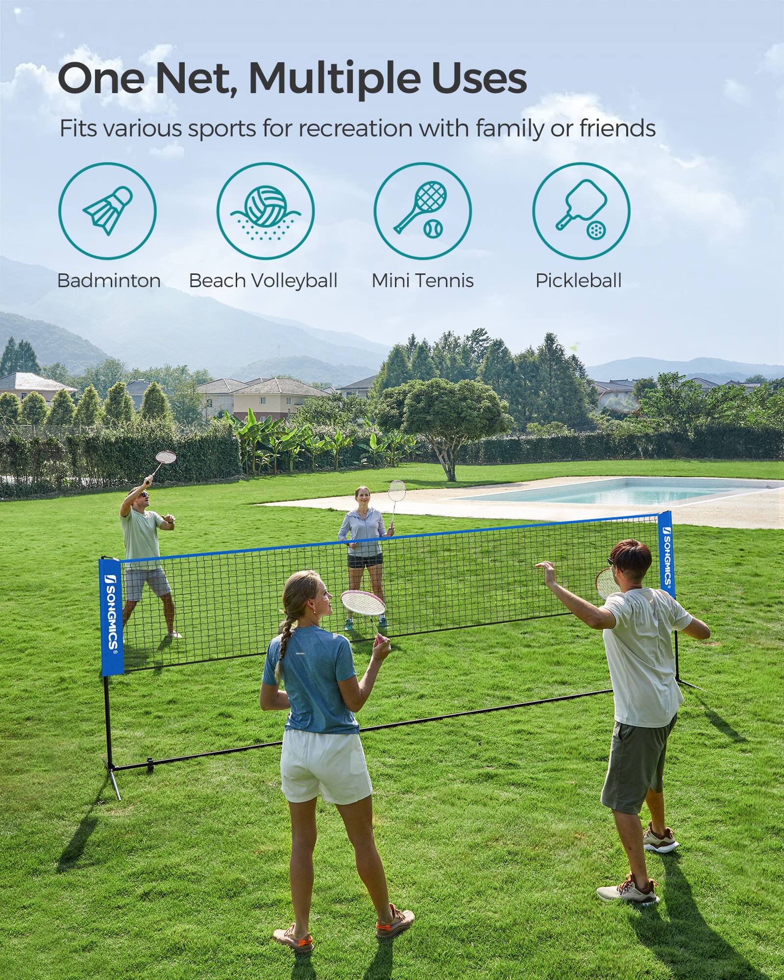 One Net, Multiple Uses  
Fits various sports for recreation with family or friends  

- Badminton  
- Beach Volleyball  
- Mini Tennis  
- Pickleball  

SONGMICS