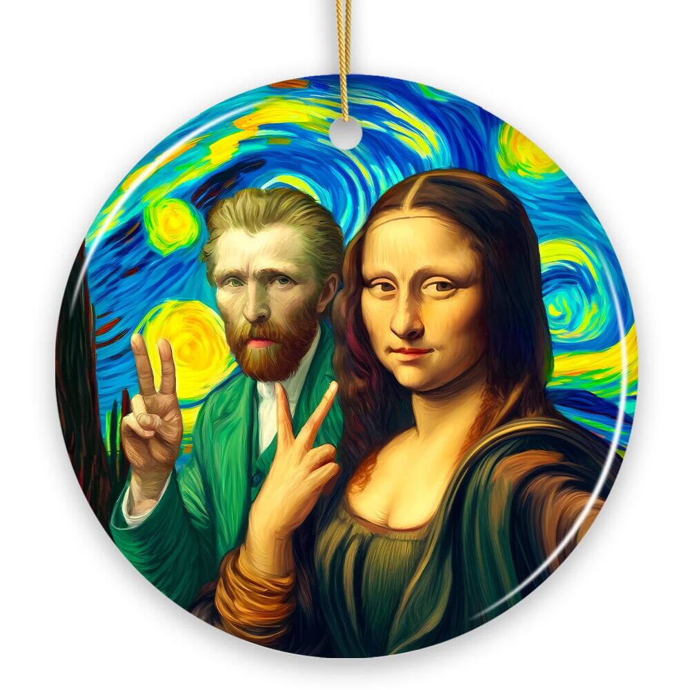 OrnamentallyYou - Mona Lisa And Vincent Van Gogh Starry Night Date Selfie Ceramic Ornament Art Decor And Souvenir - Multi-colored