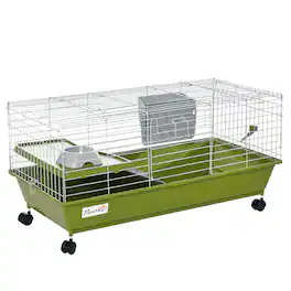 Pawhut - 35"L Small Animal Cage, Rolling Bunny Cage, Guinea Pig Cage with Food Dish, Water Bottle, Hay Feeder, Platform, Ramp