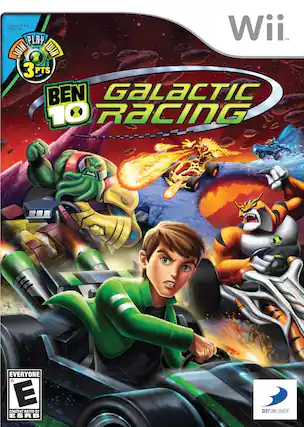 Sure, here is the corrected and grouped text from the image:
---
**BEN 10 GALACTIC RACING**
**Wii**
**JOIN 3 PTS**
**PLAY WITH**
**EVERYONE**
**E**
**CONTENT RATED BY ESRB**
**D3PUBLISHER**
---
This text is taken from the cover of the game "Ben 10 Galactic Racing" for the Wii console. - E (Everyone)