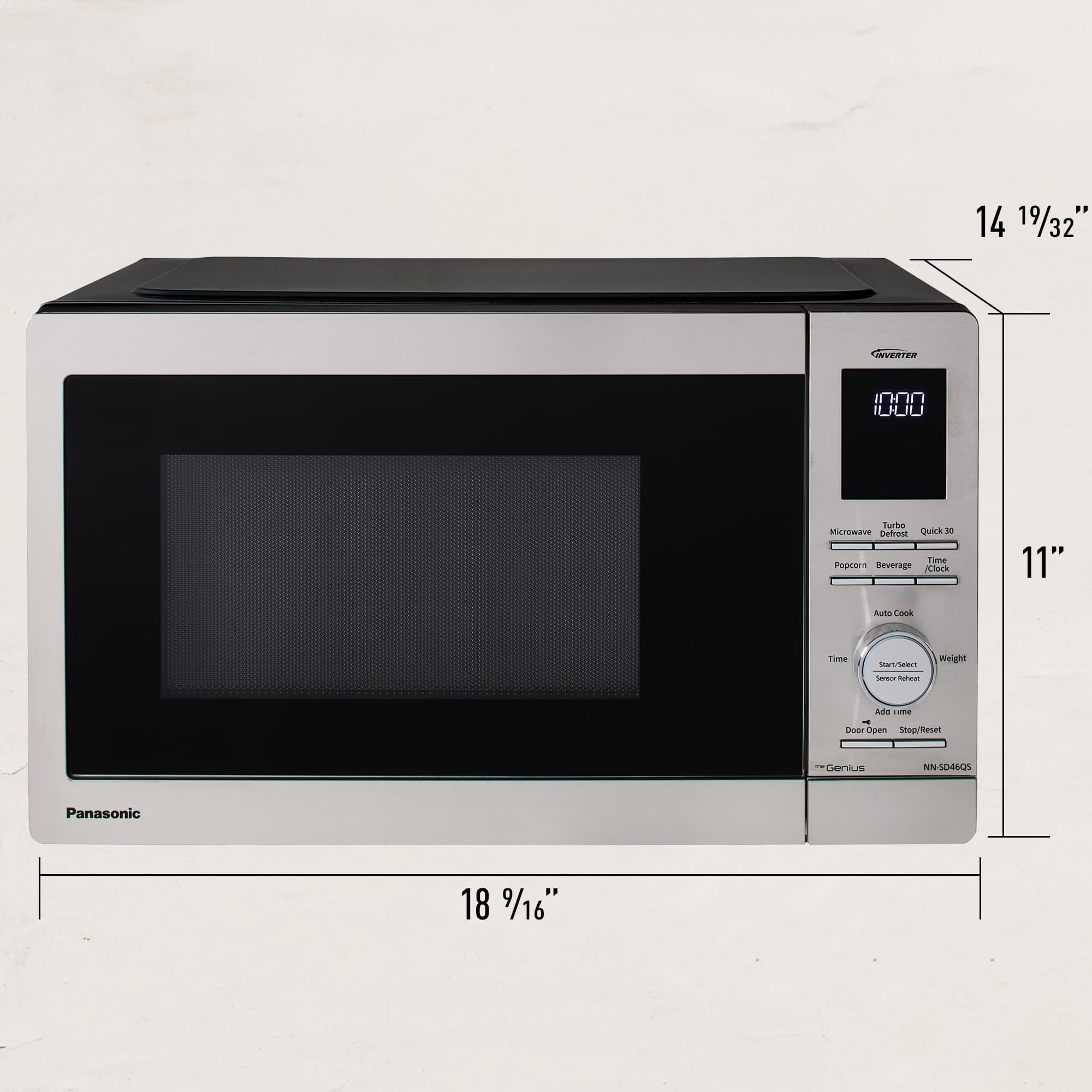The text on the image reads: "14 19/32" NVERTED 000 Turbe MT Uetrest Quick A Lima Popcorn Deverage Clock 11" Auto Cook Time Weight surs ONT/Seet Samaor nutuar -dm Soe open snopmenet denus NN-50460S Panasonic 18 9/16".
To group and correct the text, we can rephrase it as follows:
"A Panasonic microwave oven with dimensions of 14 19/32" in height, 11" in width, and 18 9/16" in depth. It features a quick popcorn cooking function and a clock. The weight of the appliance is not provided."