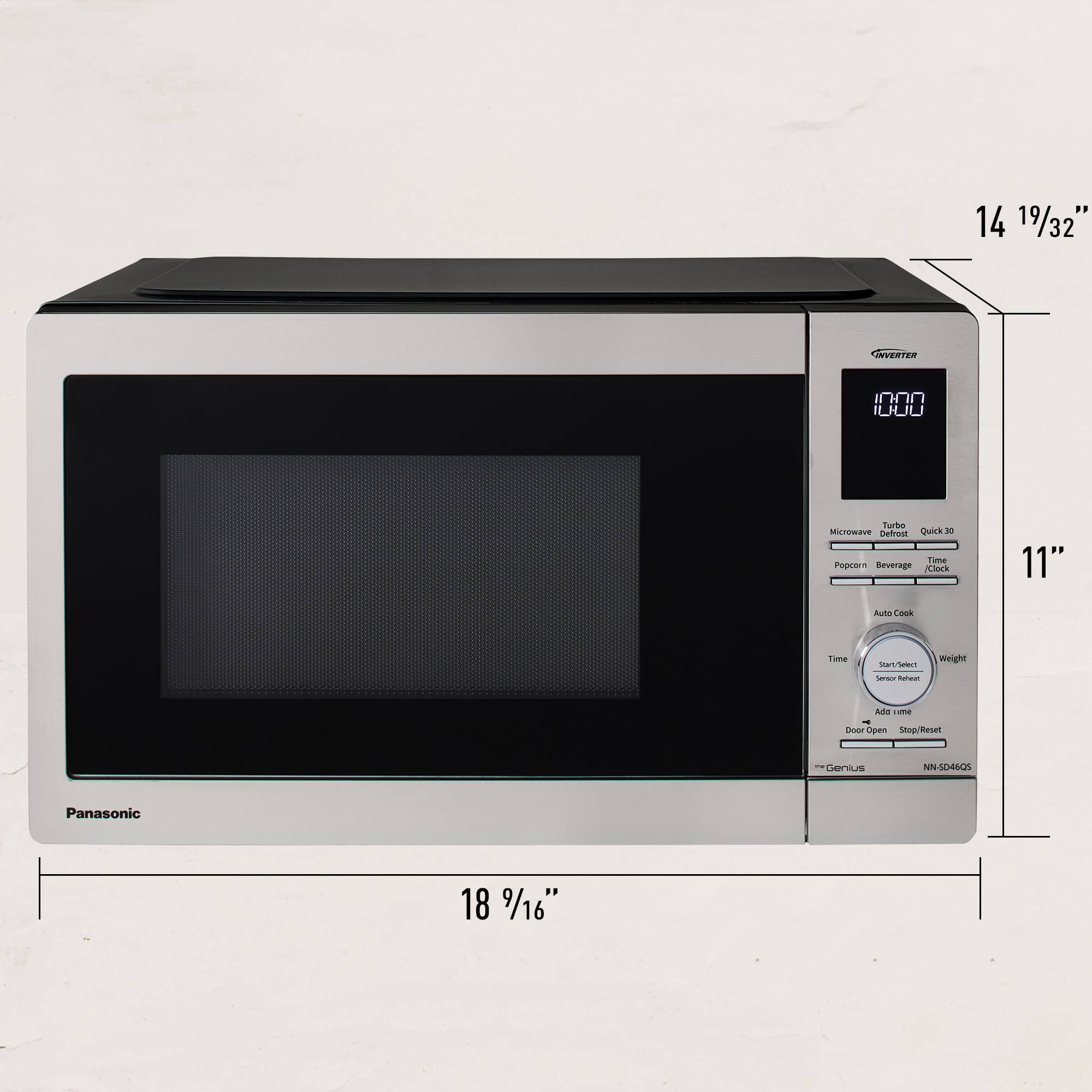 The text on the image reads: "14 19/32" NVERTED 000 Turbe MT Uetrest Quick A Lima Popcorn Deverage Clock 11" Auto Cook Time Weight surs ONT/Seet Samaor nutuar -dm  Soe open snopmenet denus NN-50460S Panasonic 18 9/16".

To group and correct the text, we can rephrase it as follows:

"A Panasonic microwave oven with dimensions of 14 19/32" in height, 11" in width, and 18 9/16" in depth. It features a quick popcorn cooking function and a clock. The weight of the appliance is not provided."