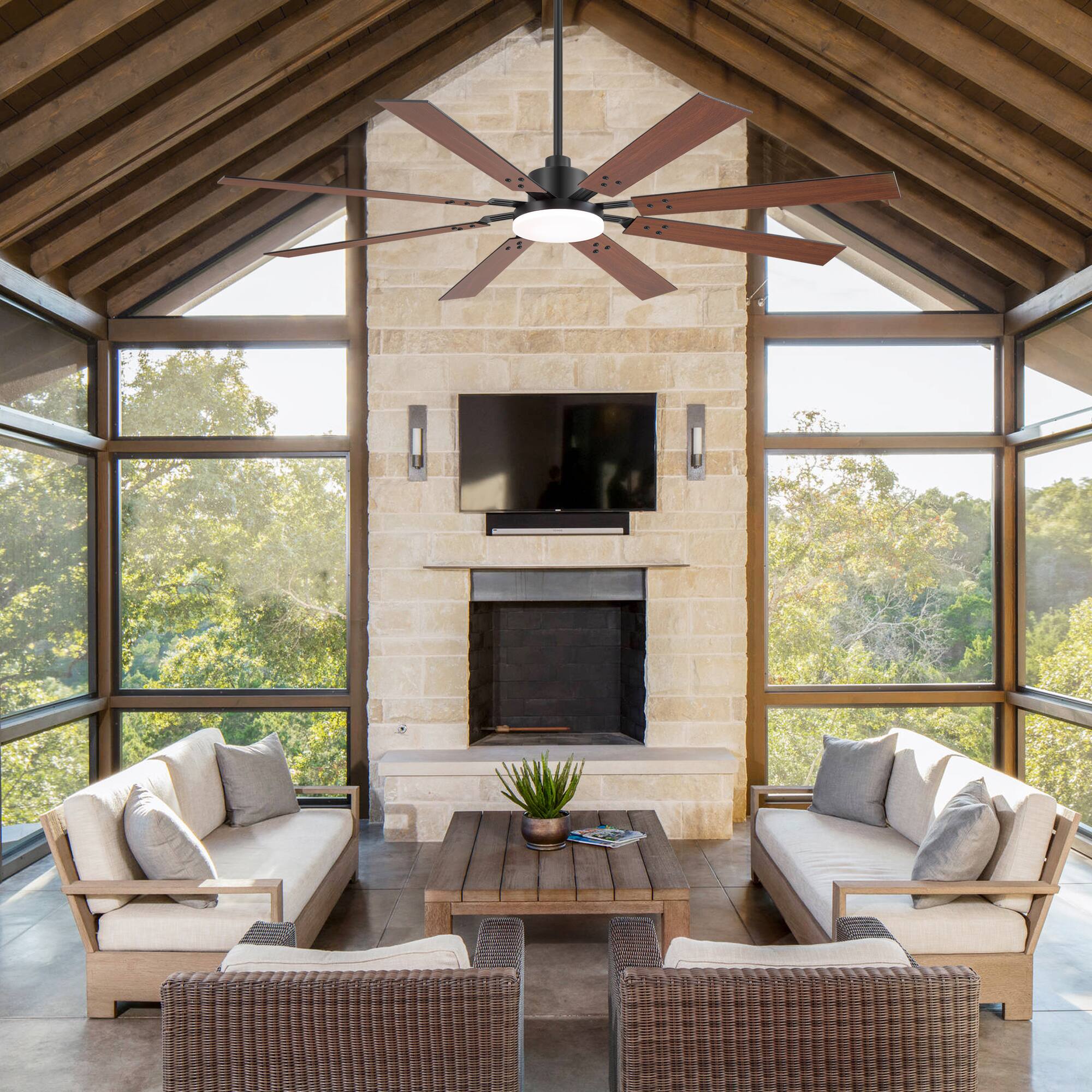 Alt View 1. Breezary - 72'' Ceiling Fan with 8 Plywood Blades, 3-Color Light, 6-Speed DC Motor, 6"/20" Downrods, Remote with Timer - Matte Black and Dark Wood Grain.
