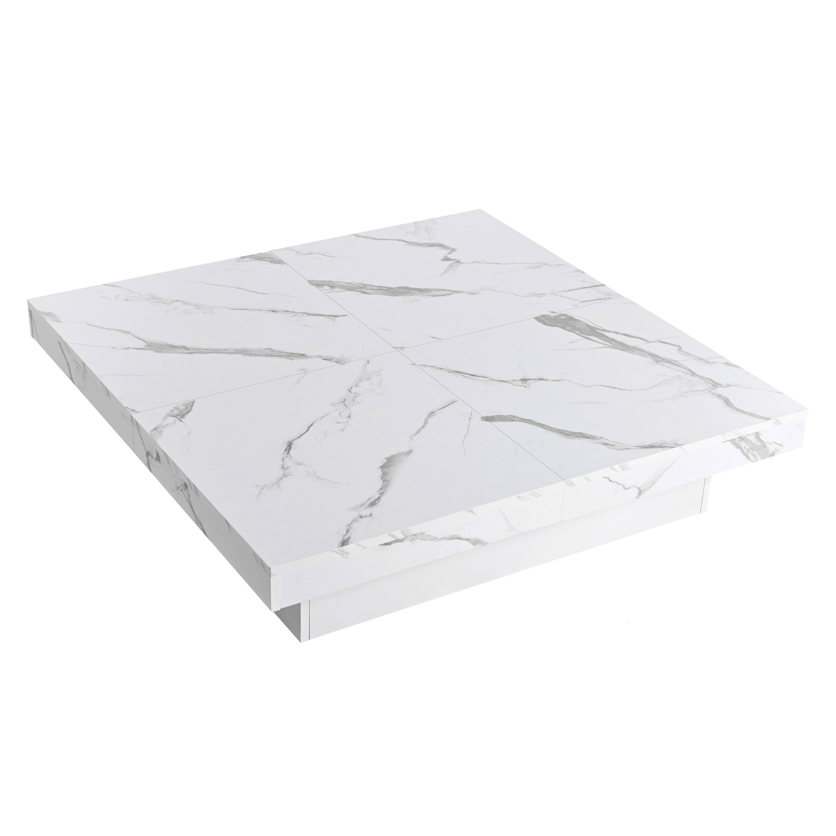 Back. Lirago - 39" Square Veneer Coffee Table Marble veneer with Sliding Top Design Sliding Top with Storage Hidden Storage Drawer - White.
