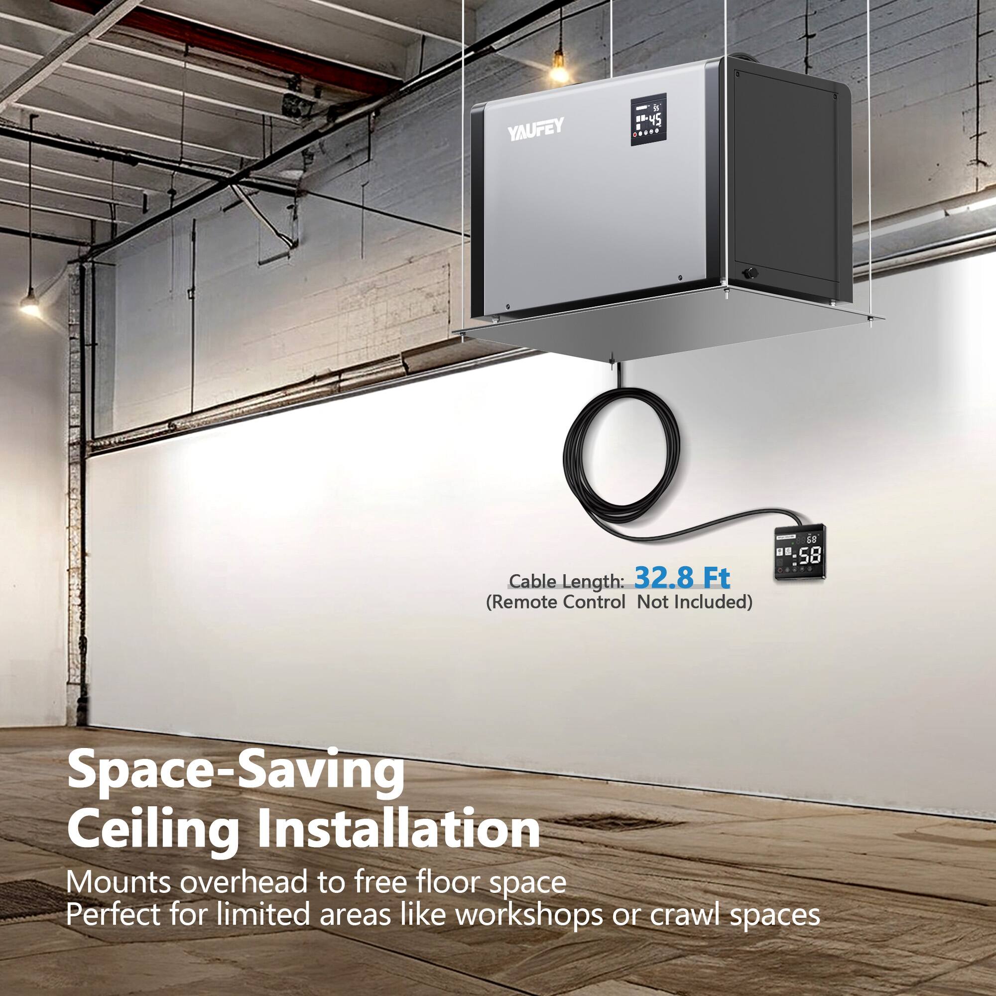 YAUFEY k 145 a ...** 49  58 .... Cable Length: 32.8 Ft (Remote Control Not Included) Space-Saving Ceiling Installation Mounts overhead to free floor space Perfect for limited areas like workshops or crawl spaces