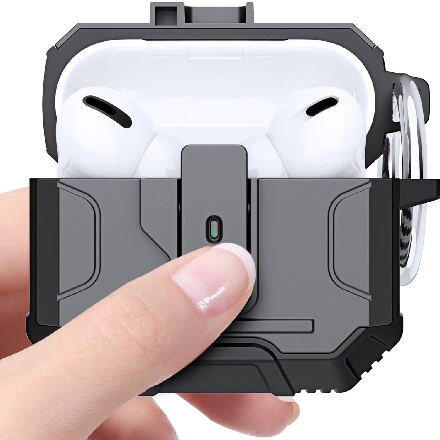 Angle. Stock Preferred - Rugged Shockproof Case for AirPods Pro with Keychain & Secure Lock Black - Black.