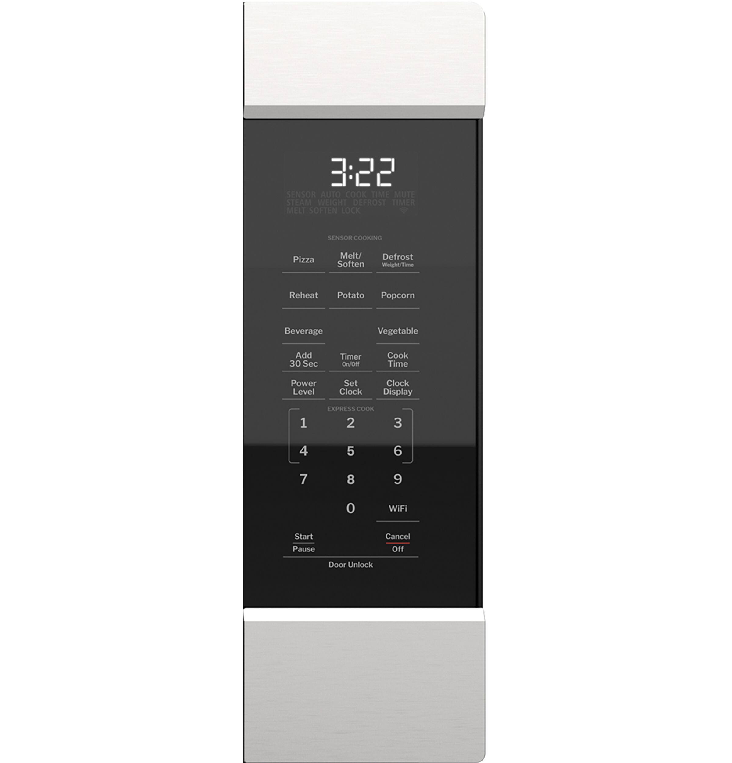 The image displays a digital clock with various options and settings. The clock shows the time as 3:22. The settings include:

1. Sensor Auto Cook Time: This setting allows the appliance to automatically adjust the cooking time based on the food being cooked.
2. Mute: This setting mutes the alarm or any other audible notifications.
3. Steam: This setting controls the steam function of the appliance.
4. Weight: This setting adjusts the cooking temperature based on the weight of the food being cooked.
5. Defrost: This setting defrosts the food.
6. Timer: This setting allows the user to set a timer for the cooking process.
7. Melt/Soften: This setting is used for melting or softening food.
8. Beverage: This setting is used for preparing beverages.
9. Vegetable: This setting is used for cooking vegetables.
10. Add 30 Sec Timer: This setting adds an additional 30 seconds to the cooking time.
11. Power Level: This setting adjusts the power level of the appliance.
12. Clock Display: This setting displays the time on the appliance.
13. Express Cook: This setting allows for quick and easy cooking.
14. WiFi Start: This setting allows the appliance to connect to WiFi for remote control.
15. Pause: This setting allows the user to pause the cooking process.
16. Cancel: This setting allows the user to cancel the cooking process.
17. Off: This setting turns off the appliance.
18. Door Unlock: This setting unlocks the door of the appliance.