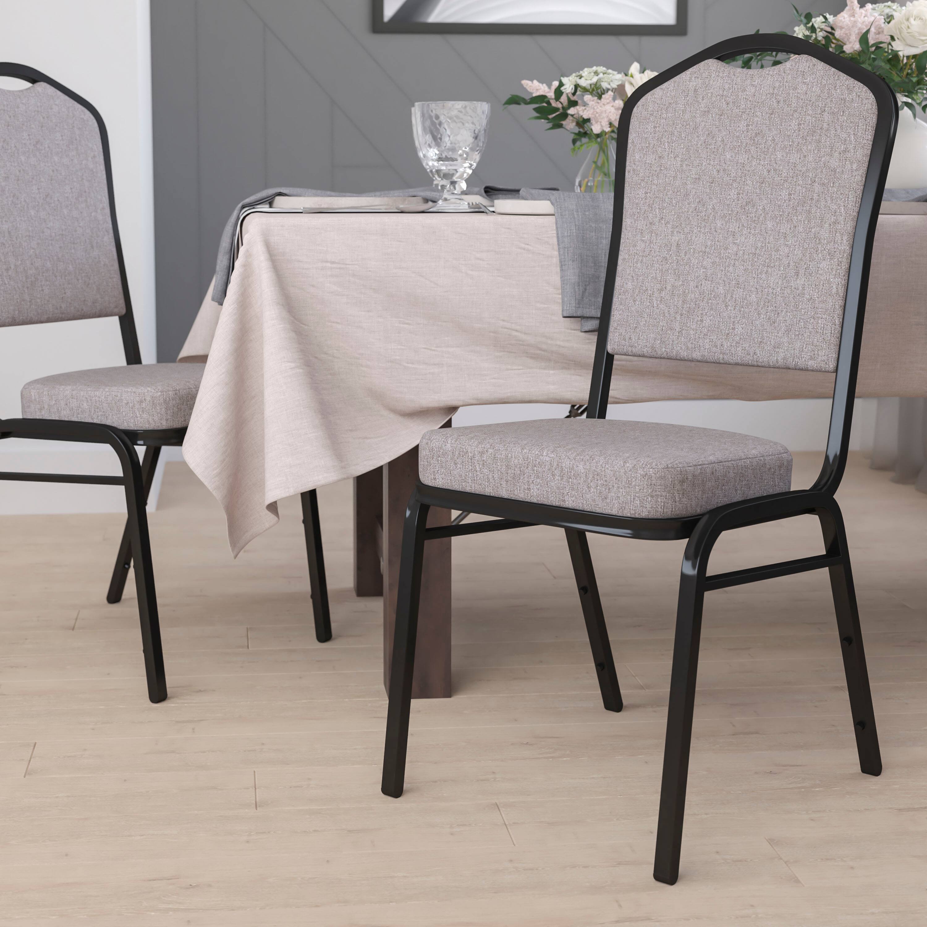 Alt View 1. Emma + Oliver - Crown Back Stacking Banquet Dining Chair - Gray Fabric/Black Frame.