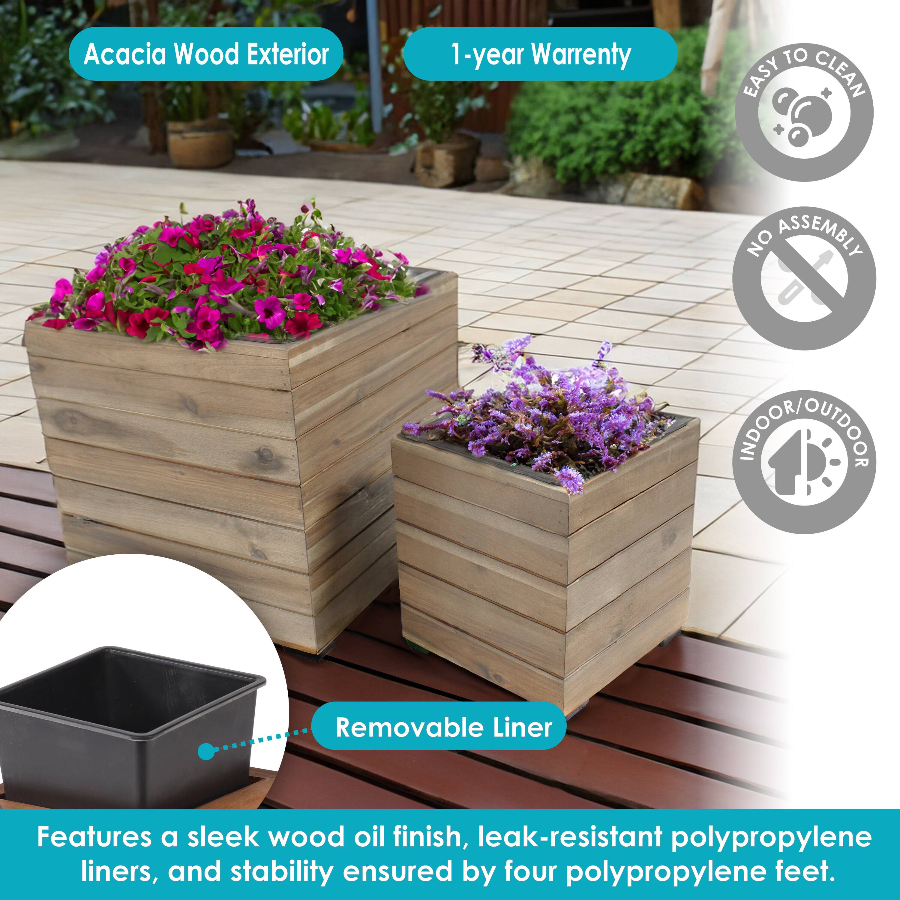 Acacia Wood Exterior  
1-year Warranty  

EASY TO CLEAN  
NO ASSEMBLY  
INDOOR/OUTDOOR  

Removable Liner  

Features a sleek wood oil finish, leak-resistant polypropylene liners, and stability ensured by four polypropylene feet.