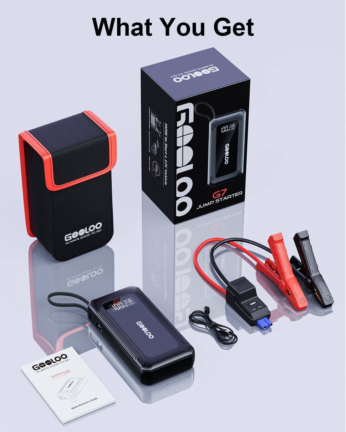 What You Get

GEOLOO G7 JUMP STARTER

ALWAYS GOOD TO GO

3000A/G7

Quick Reference Guide