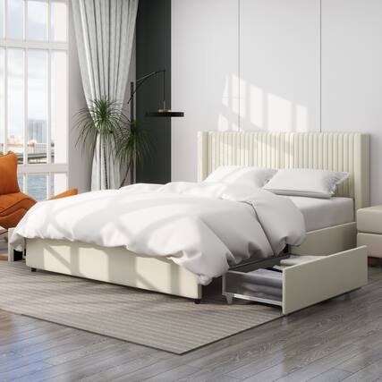 Front. LUCKY ONE - Queen Size 2-Drawer Storage Bed Frame Velvet Upholstered Wingback Platform Bed - Ivory.