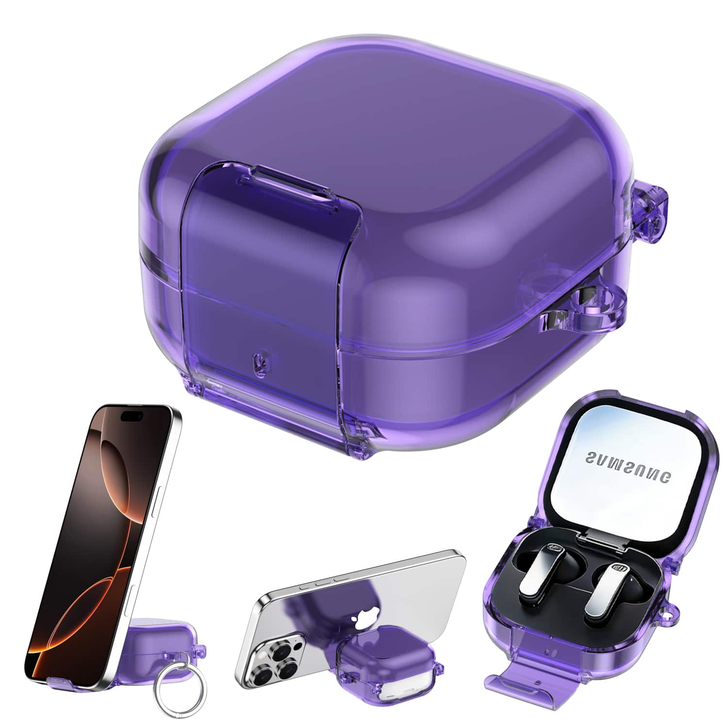 Dteck - Earphone Case for Galaxy Buds 4/4 Pro (2026) with Secure Lock,Clear Earbud Cover with Integrated Phone Stand & Carabiner - Purple