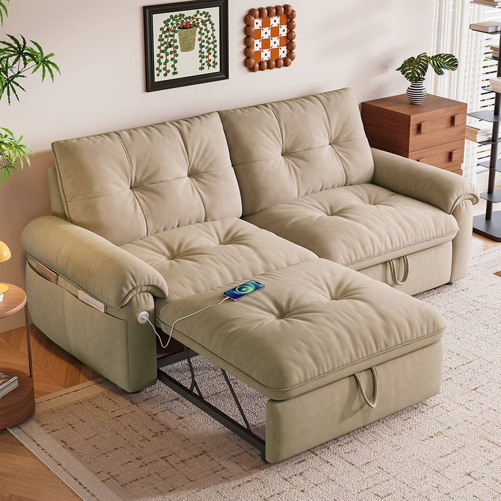 Alt View 1. Boyel Living - 77in 2 in 1 Convertible Sofa Bed Cloud Like Fabric Steel Frame 600 lbs Load Capacity Small Space Brown - Brown.