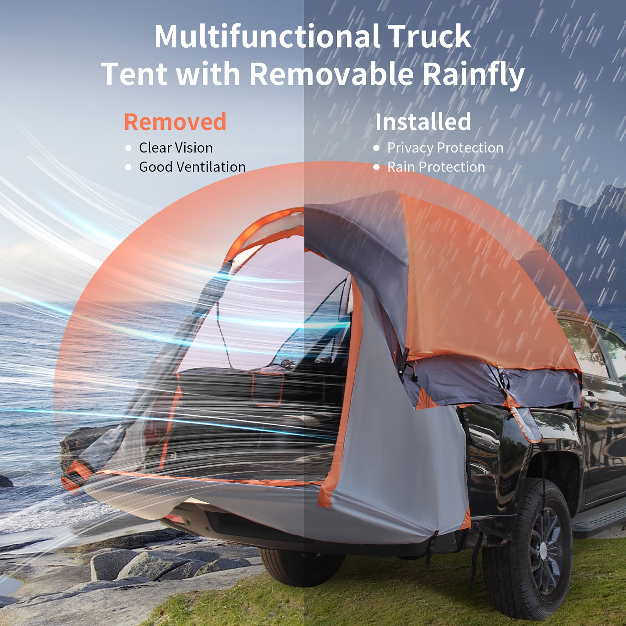 Multifunctional Truck Tent with Removable Rainfly Removed Installed Clear Vision Privacy Protection Good Ventilation Rain Protection