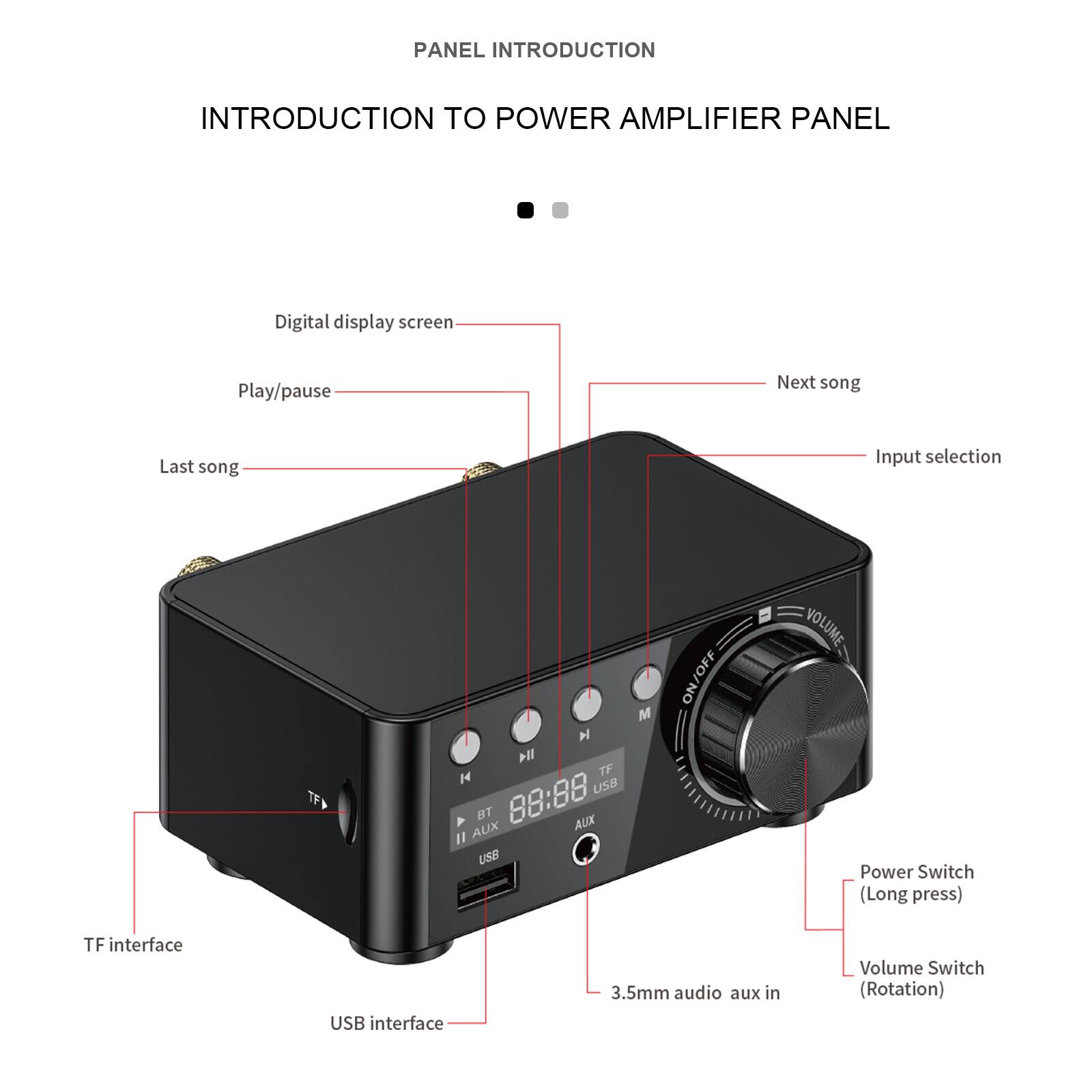 PANEL INTRODUCTION  
INTRODUCTION TO POWER AMPLIFIER PANEL

- Digital display screen
- Play/pause
- Last song
- Next song
- Input selection
- TF interface
- USB interface
- 3.5mm audio aux in
- Power Switch (Long press)
- Volume Switch (Rotation)
- ON/OFF
- M
- AUX
- BT
- USB
- TF
- AUX
- 88:88