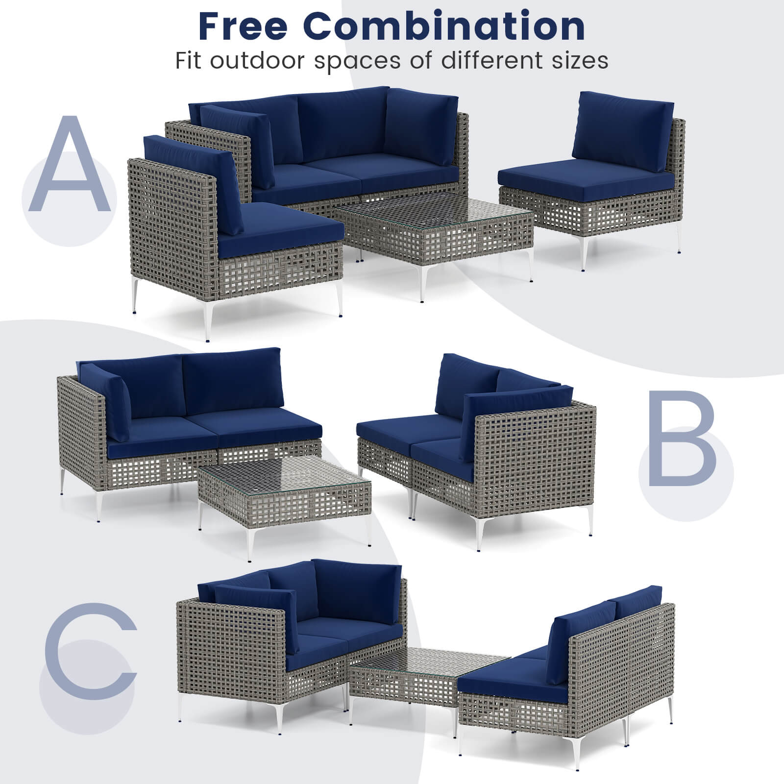 Free Combination  
Fit outdoor spaces of different sizes  

A  
B  
C