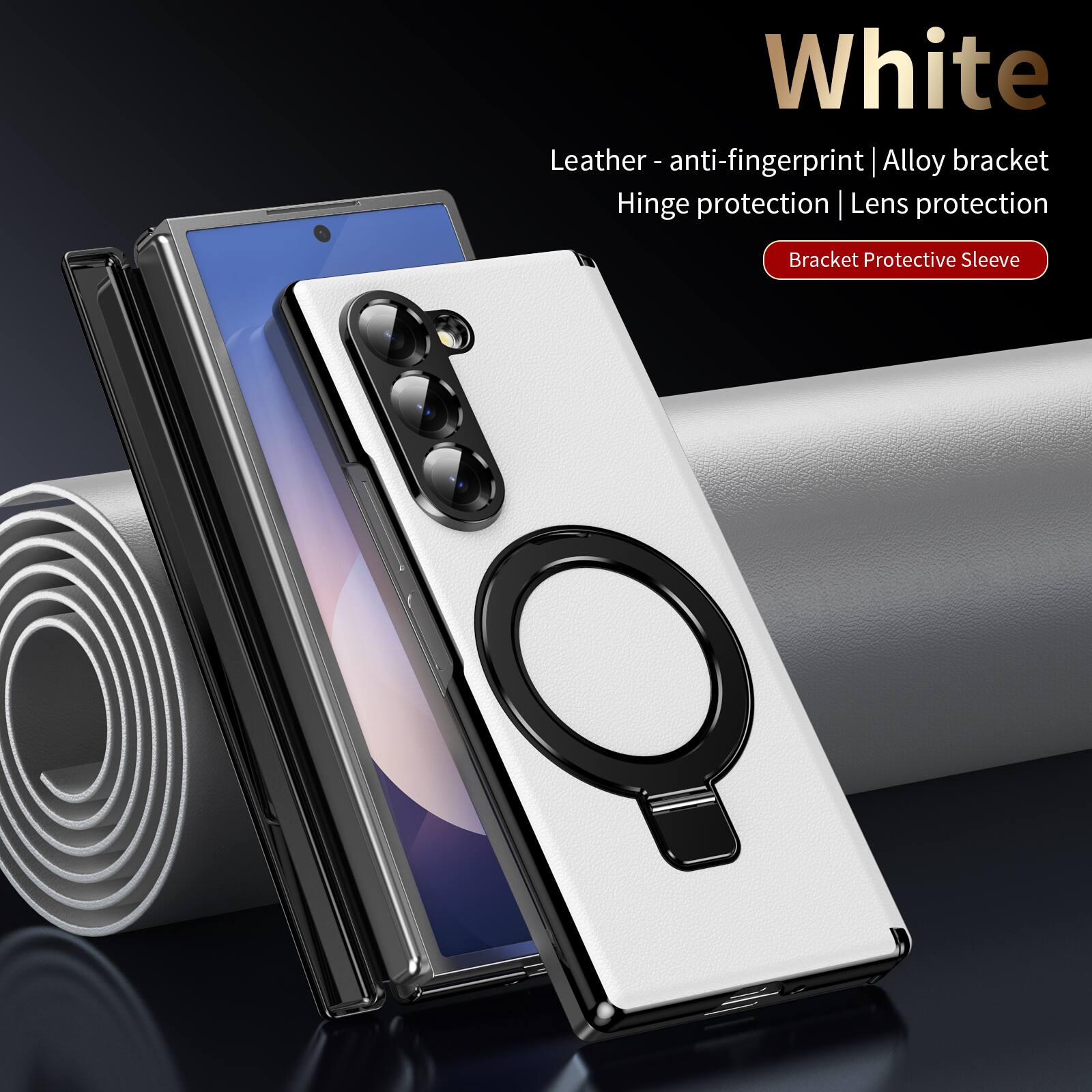 White Leather - anti-fingerprint | Alloy bracket Hinge protection | Lens protection | Bracket Protective Sleeve