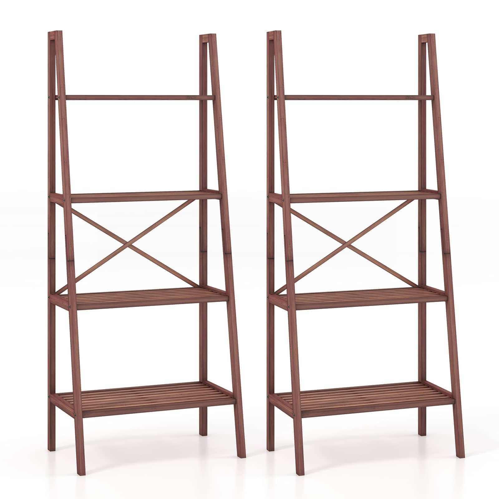 Costway - 4-Tier Bamboo Ladder Bookshelf Rustic Bookcase Floor Standing Shelving Unit Book Shelf Storage Organizer 2pcs - Walnut