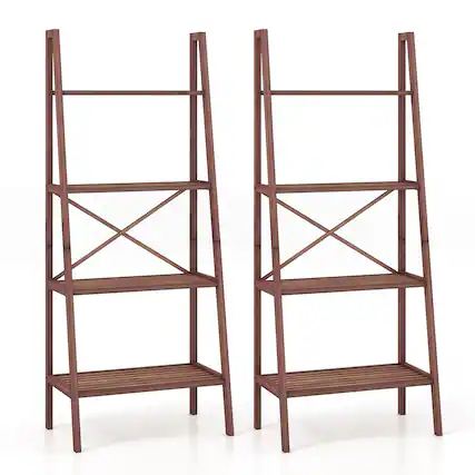 Front. Costway - Costway 4-Tier Bamboo Ladder Bookshelf Rustic Bookcase Floor Standing Shelving Unit Book Shelf Storage Organizer 2pcs - Walnut.