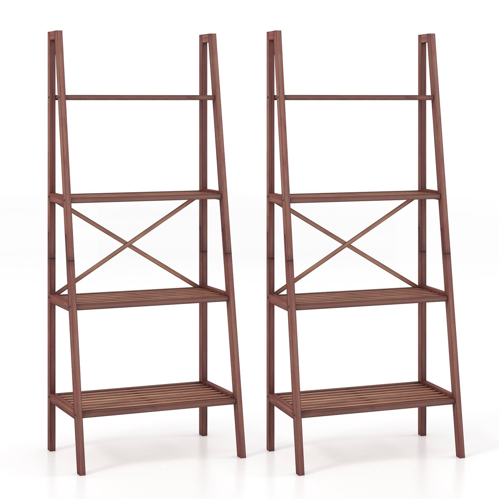 Front. Costway - Costway 4-Tier Bamboo Ladder Bookshelf Rustic Bookcase Floor Standing Shelving Unit Book Shelf Storage Organizer 2pcs - Walnut.