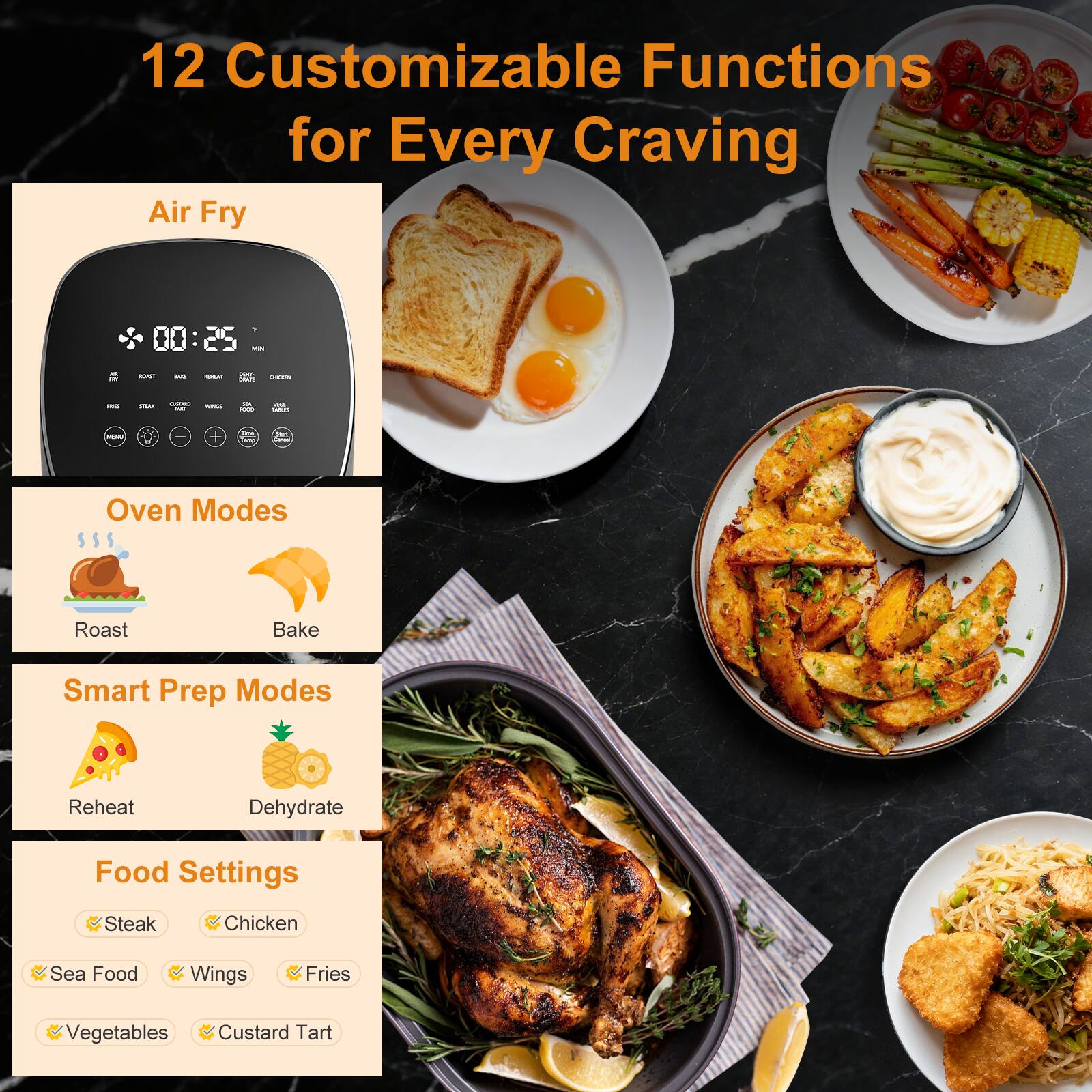 12 Customizable Functions for Every Craving

Air Fry
00:25

Oven Modes
Roast
Bake

Smart Prep Modes
Reheat
Dehydrate

Food Settings
Steak
Chicken
Sea Food
Wings
Fries
Vegetables
Custard Tart