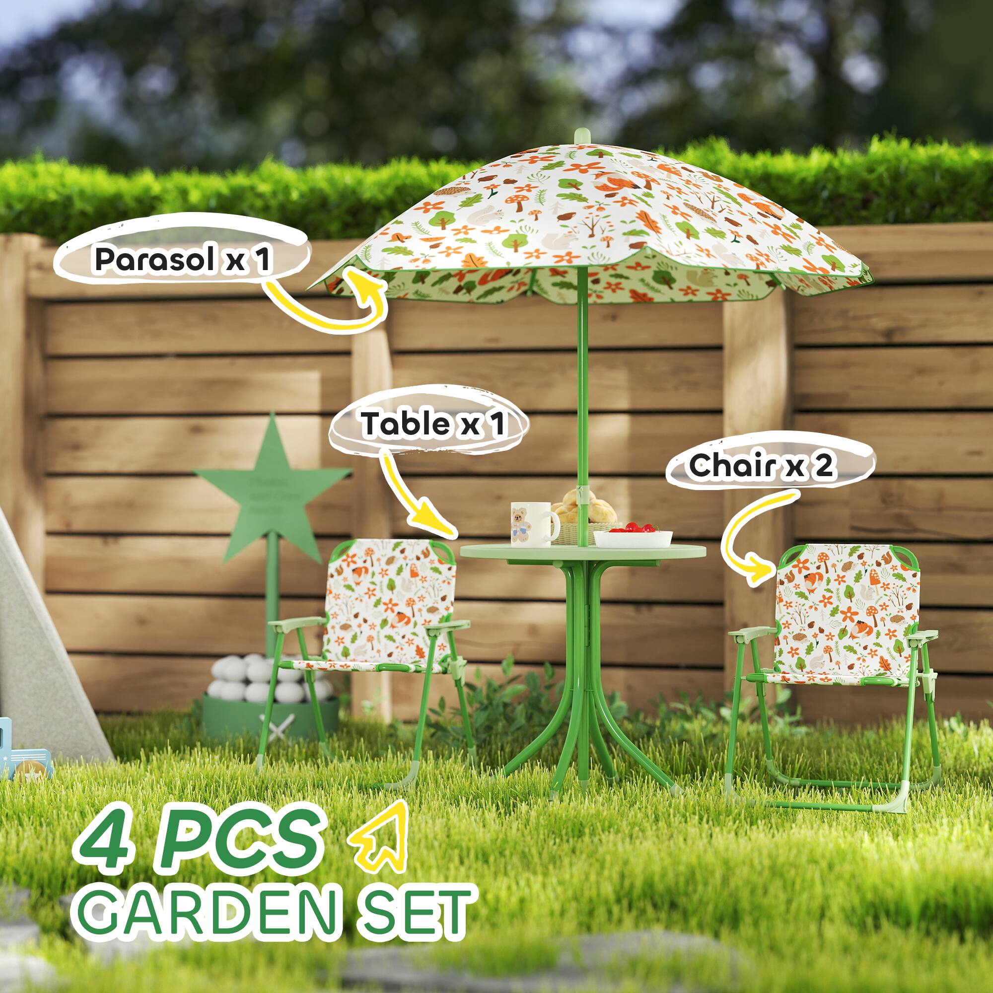 Parasol x 1  
Table x 1  
Chair x 2  

4 PCS GARDEN SET
