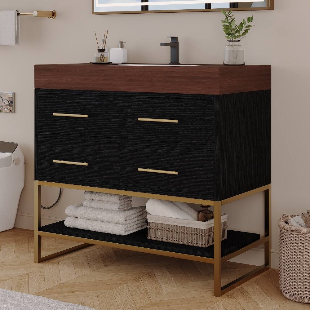 Alt View 2. Loheer - Loheer 36 inch bathroom vanity with sink, Freestanding bathroom sink cabinet, Sintered Stone Top, Black/Walnut - Black, Walnut.