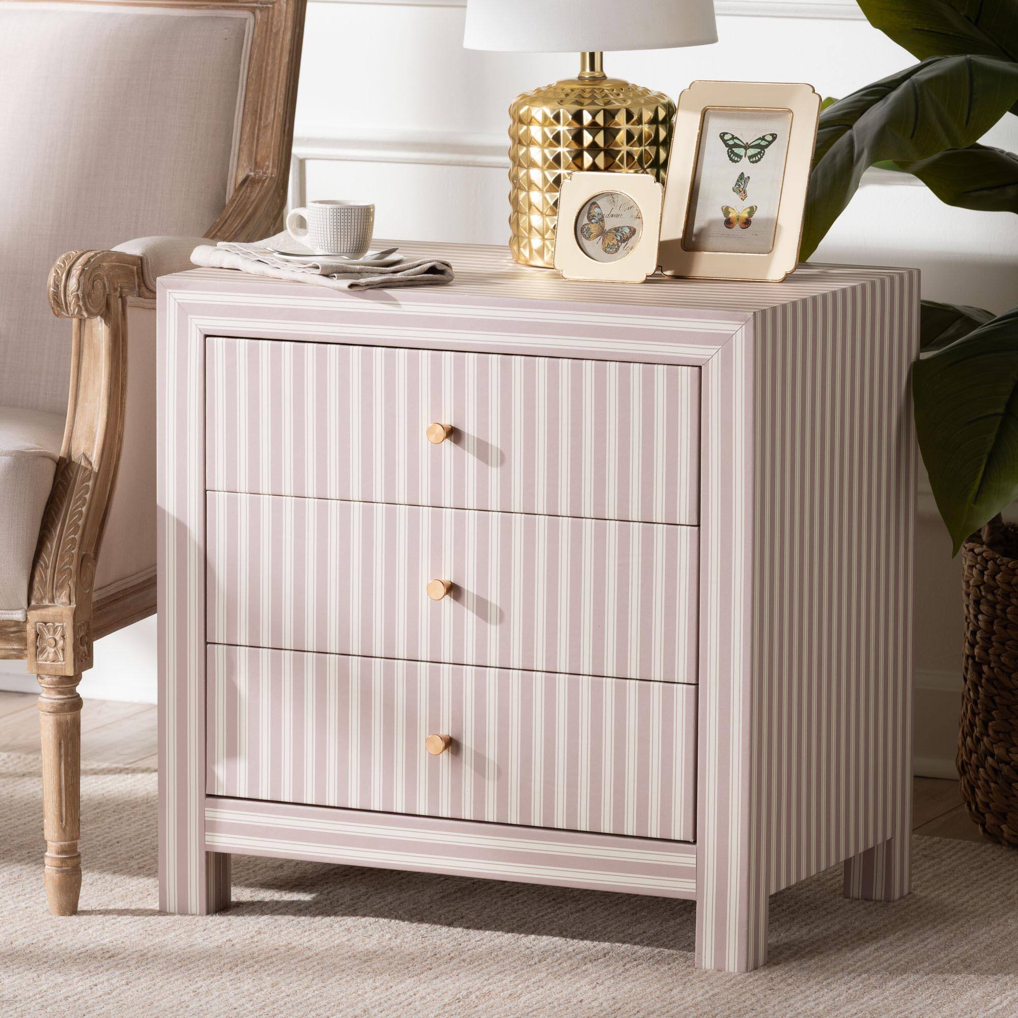 Alt View 5. Baxton Studio - Javianne End Table with Striped Faux Leather - 3-Drawer Storage Cabinet with Gold Knobs - White/Beige/Brass.