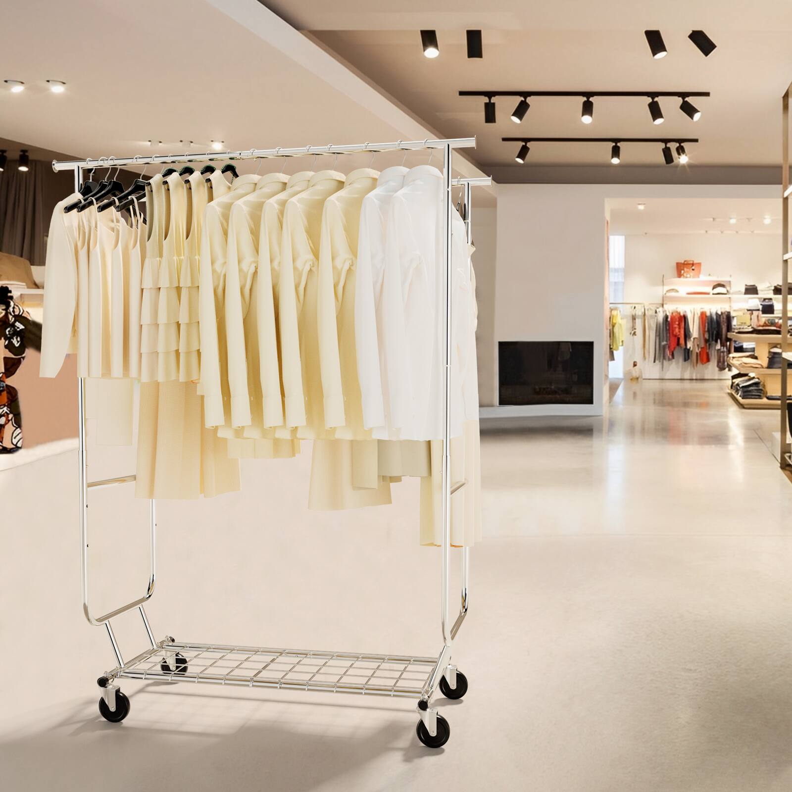 Alt View 6. Topteng - Heavy Duty Rolling Clothes Rack - 660 lbs Capacity, Adjustable Height & Width, 4 Locking Wheels, Chrome Steel for Home - Silver.