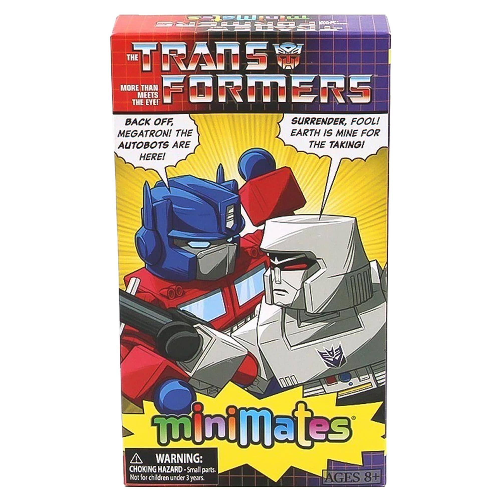 TRANSFORMERS  
MORE THAN MEETS THE EYE!  
BACK OFF, MEGATRON! THE AUTOBOTS ARE HERE!  
SURRENDER, FOOL! EARTH IS MINE FOR THE TAKING!  

miniMates  
WARNING: CHOKING HAZARD - Small parts. Not for children under 3 years.  
AGES 8+