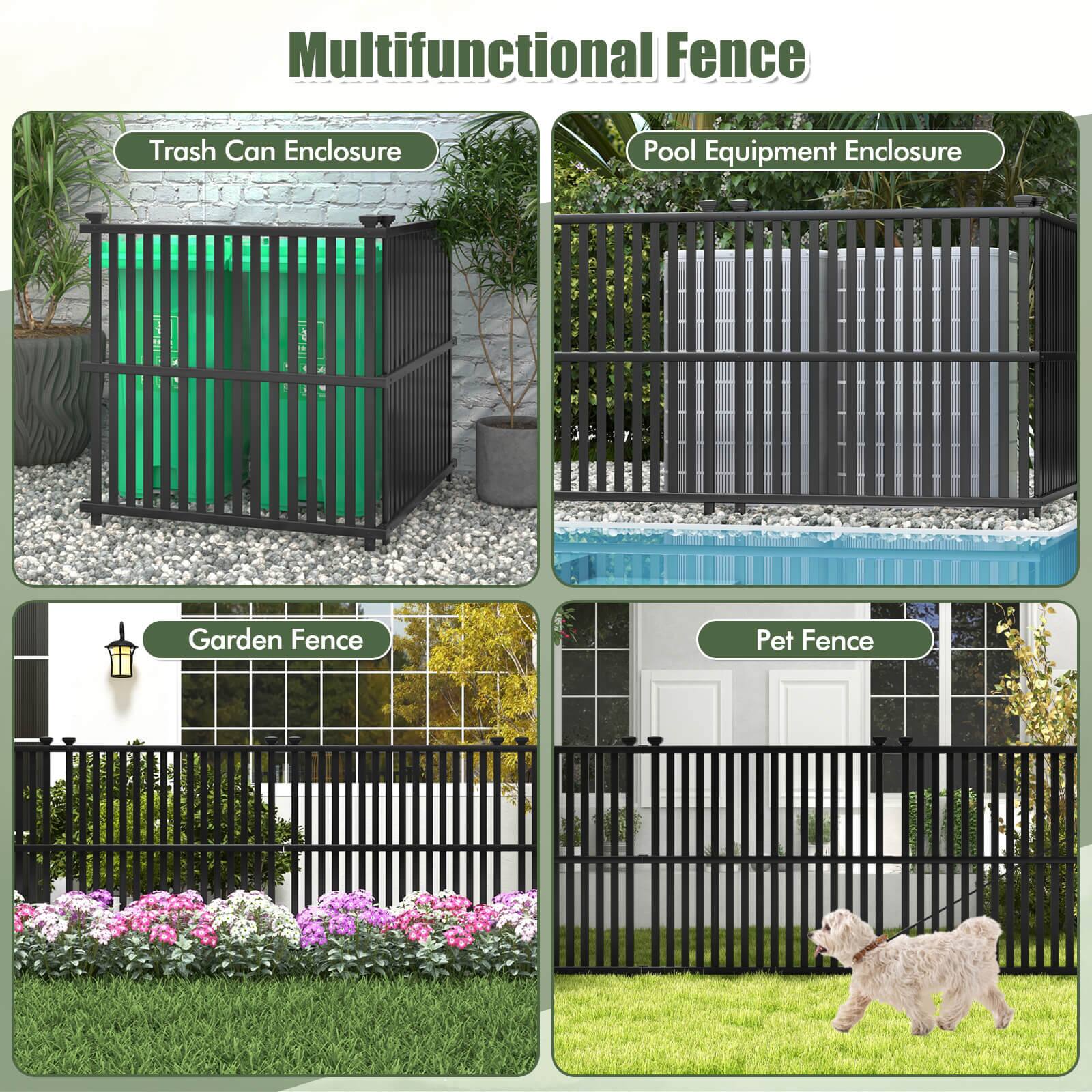 Multifunctional Fence: This type of fence is designed to serve multiple purposes, such as providing security, privacy, and containment for various outdoor spaces. It can be used for trash can enclosures, pool equipment enclosures, garden fences, and pet fences.