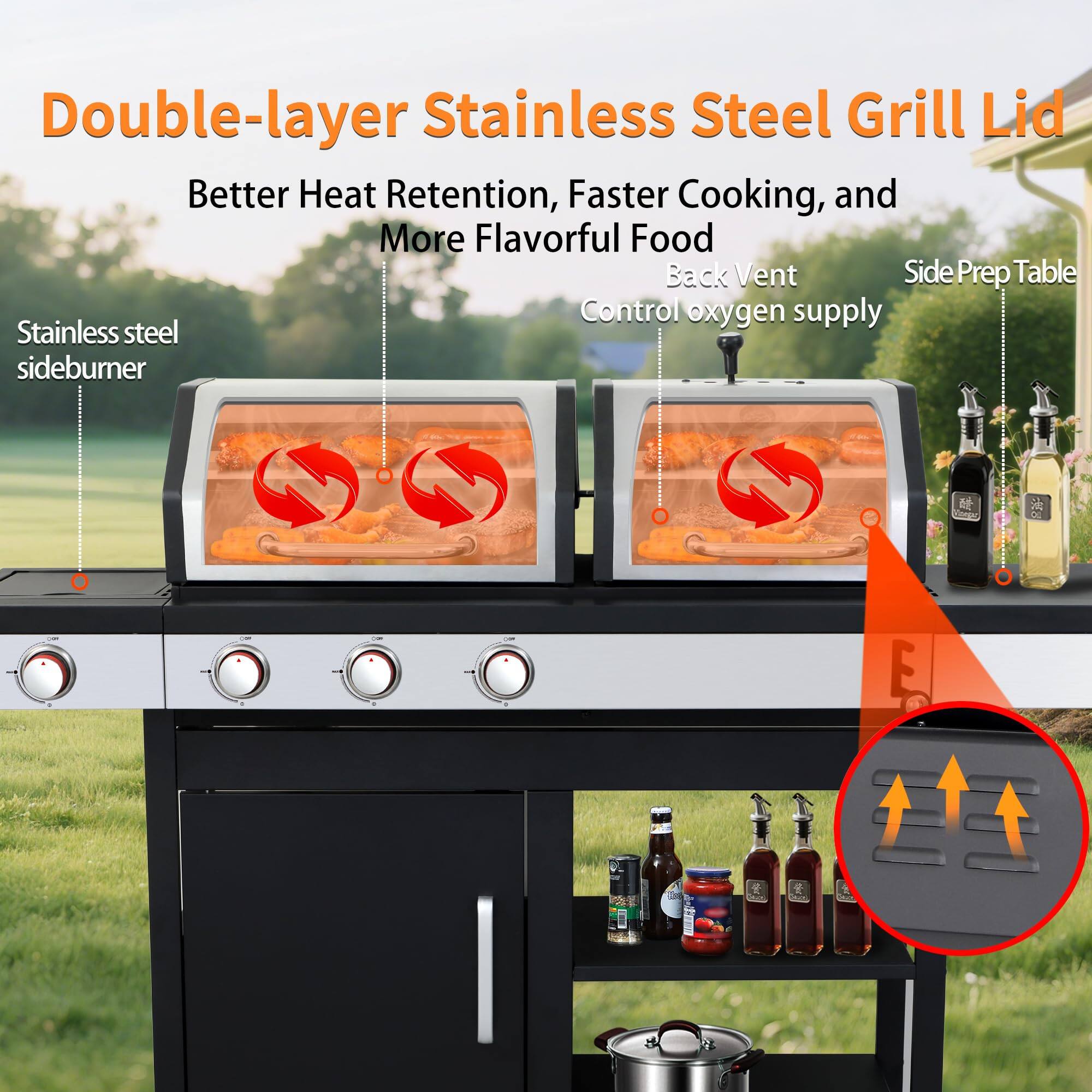Double-layer Stainless Steel Grill Lid  
Better Heat Retention, Faster Cooking, and More Flavorful Food  

Stainless steel sideburner  
Back Vent  
Control oxygen supply  
Side Prep Table