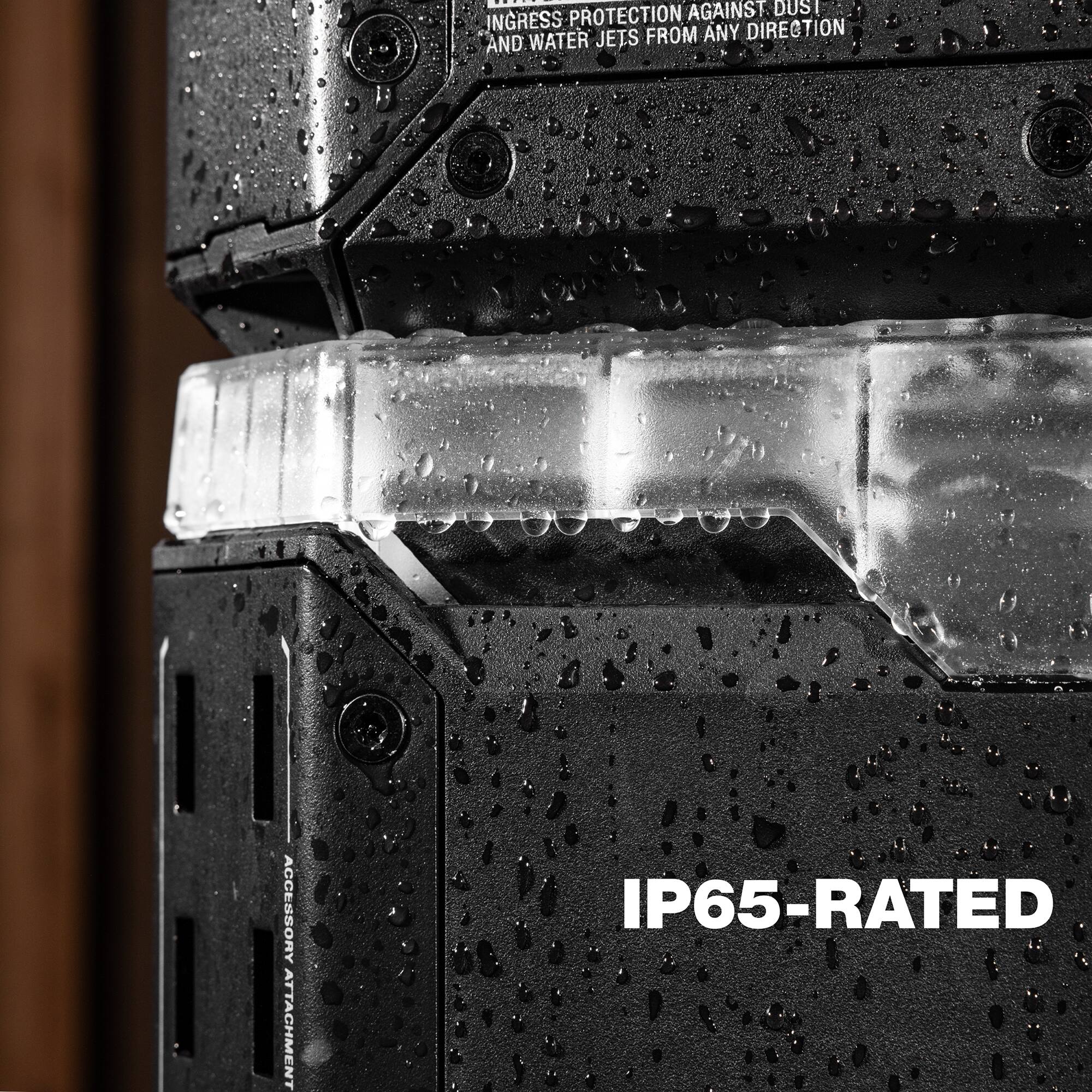 Protection against dust ingress in any direction and water jets from accessory attachment. IP65-rated.