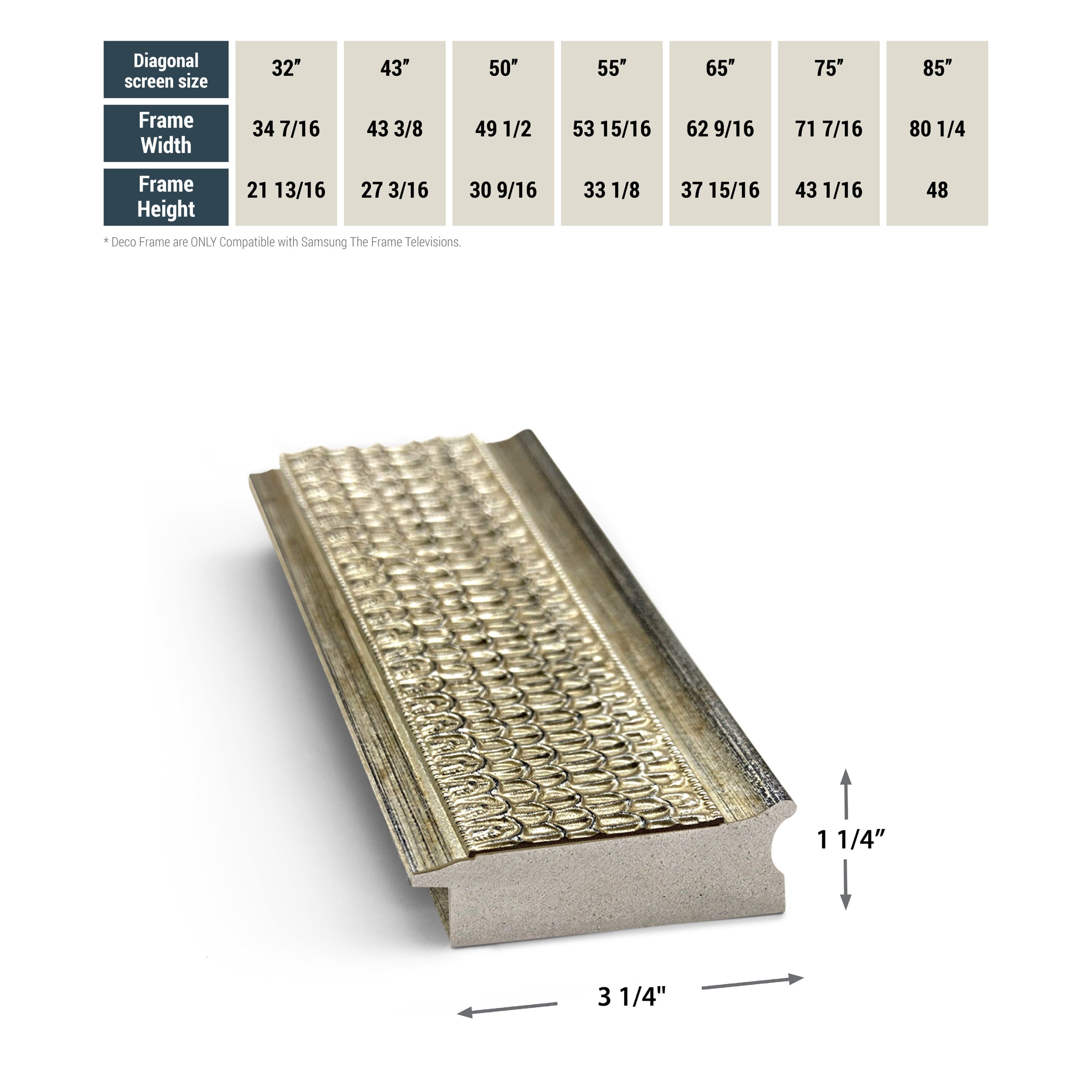 The image features a diagonal screen size chart for Samsung televisions, showcasing various screen sizes and their corresponding frame widths. The chart is organized in a grid format, with the diagonal screen size on the left side and the frame width on the right side. The frame widths are listed in inches, and the chart includes a range of sizes from 32" to 85" diagonal screen size. The chart is designed to help customers determine the appropriate frame width for their Samsung television, ensuring a perfect fit and a seamless integration with their home decor.