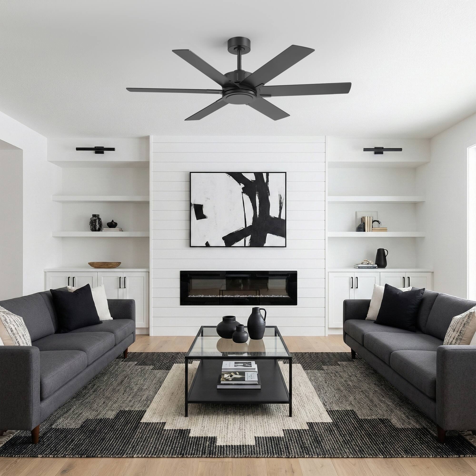 Left. Breezary - 56-Inch Modern Versatile Ceiling Fan with 6 Plywood Blades, DC Motor, 6-Speed Remote, Timer, Downrod Mount - 56-Inch Black and Walnut.