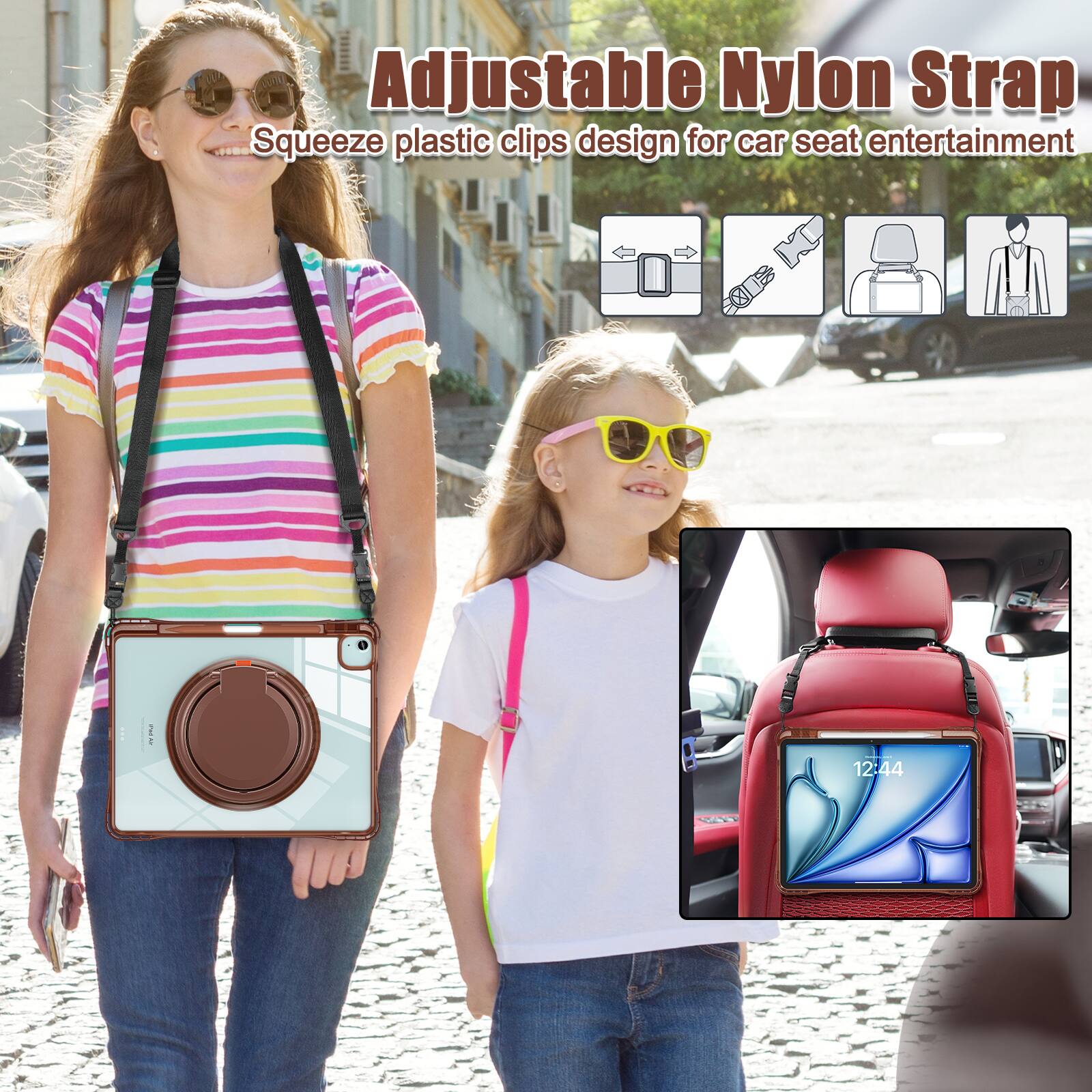 Adjustable Nylon Strap  
Squeeze plastic clips design for car seat entertainment