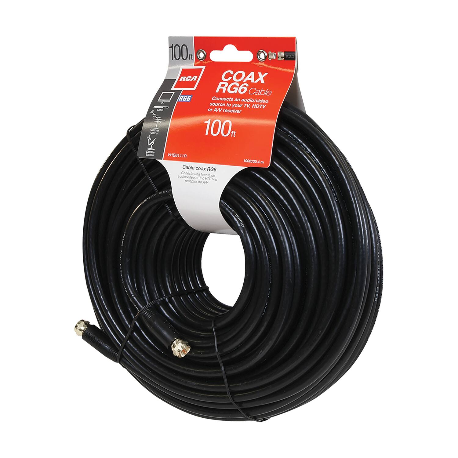100 ft RCA COAX RG6 Cable  
Connects an audio/video source to your TV, HDTV or A/V receiver  

100m - VHBSTEIR Cable  
Conecta una fuente de audio/video de a TV MOTY a receptor de AV  

Cable coax RG6  
Conecta una fuente de audio/video a una TV o receptor de AV