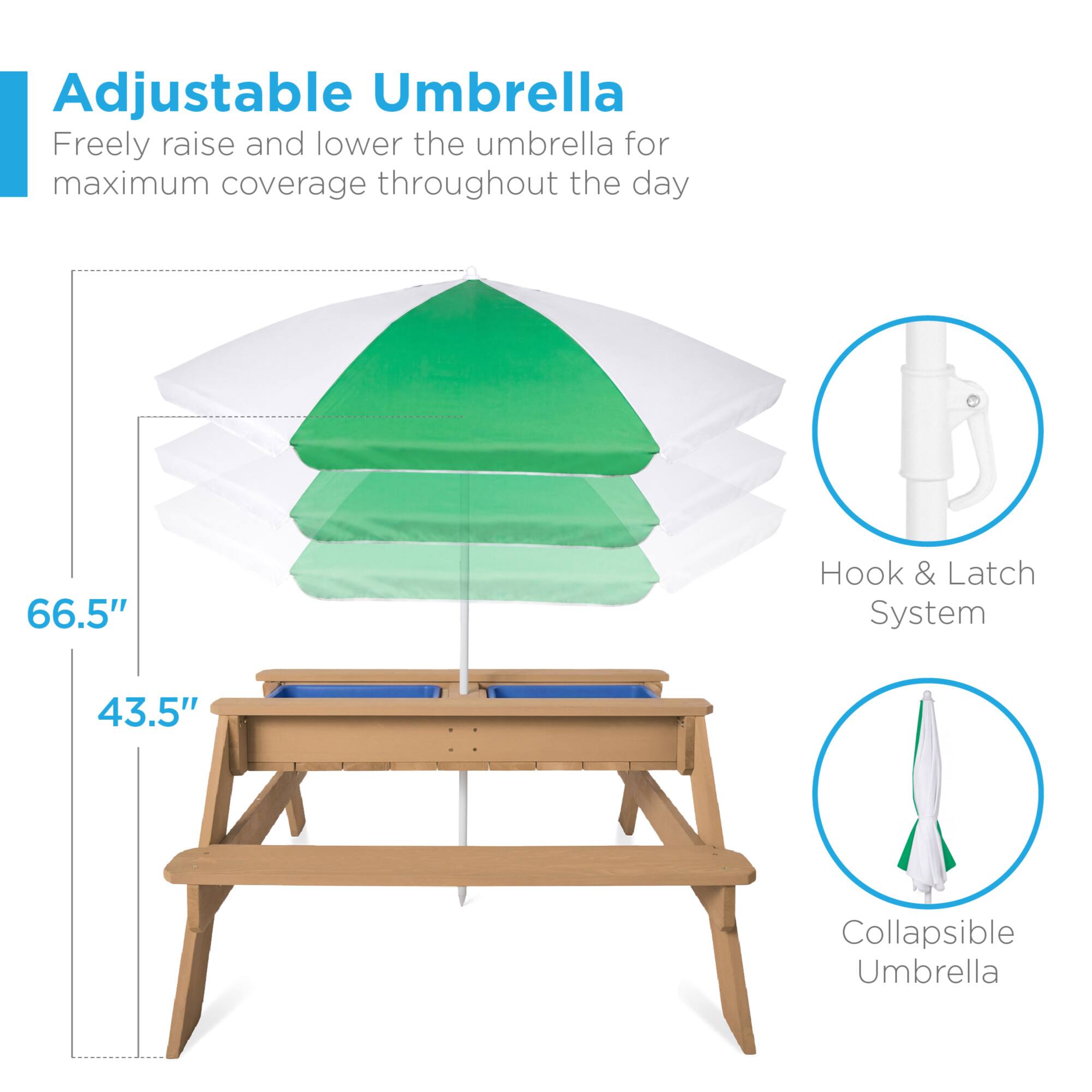 Adjustable Umbrella  
Freely raise and lower the umbrella for maximum coverage throughout the day  
66.5"  
Hook & Latch System  
43.5"  
Collapsible Umbrella