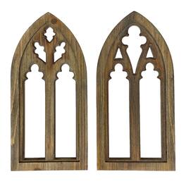 Zeckos - Blackwashed Wood Gothic Arch Window Frame Wall Decor 2 Piece Set - Black