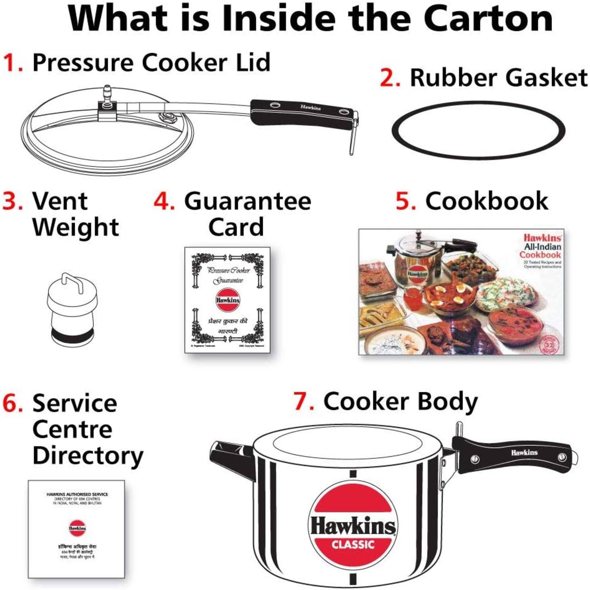 What is Inside the Carton  
1. Pressure Cooker Lid  
2. Rubber Gasket  
3. Vent Weight  
4. Guarantee Card  
5. Cookbook Hawkins All-Indian Cookbook St Recipes  
6. Service Centre Directory  
7. Cooker Body  

HAWKINS AUTHORISED SERVICE DIRECTORY OF IX CENTRES X INDIA, VAL AND BHUTAIN
