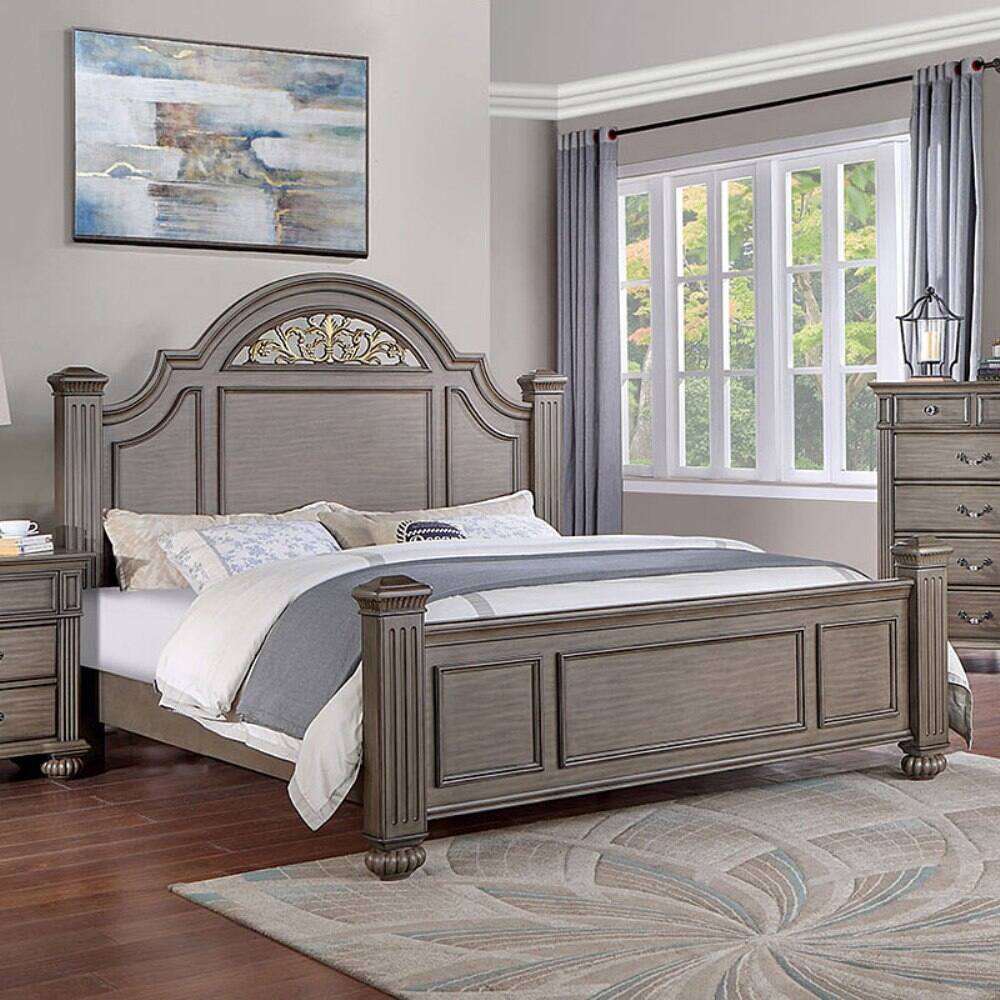 Tiramisubest - King Size Gray Panel Bed with Floral Headboard, Solid Wood, 93x82x67, 150 lbs - Gray