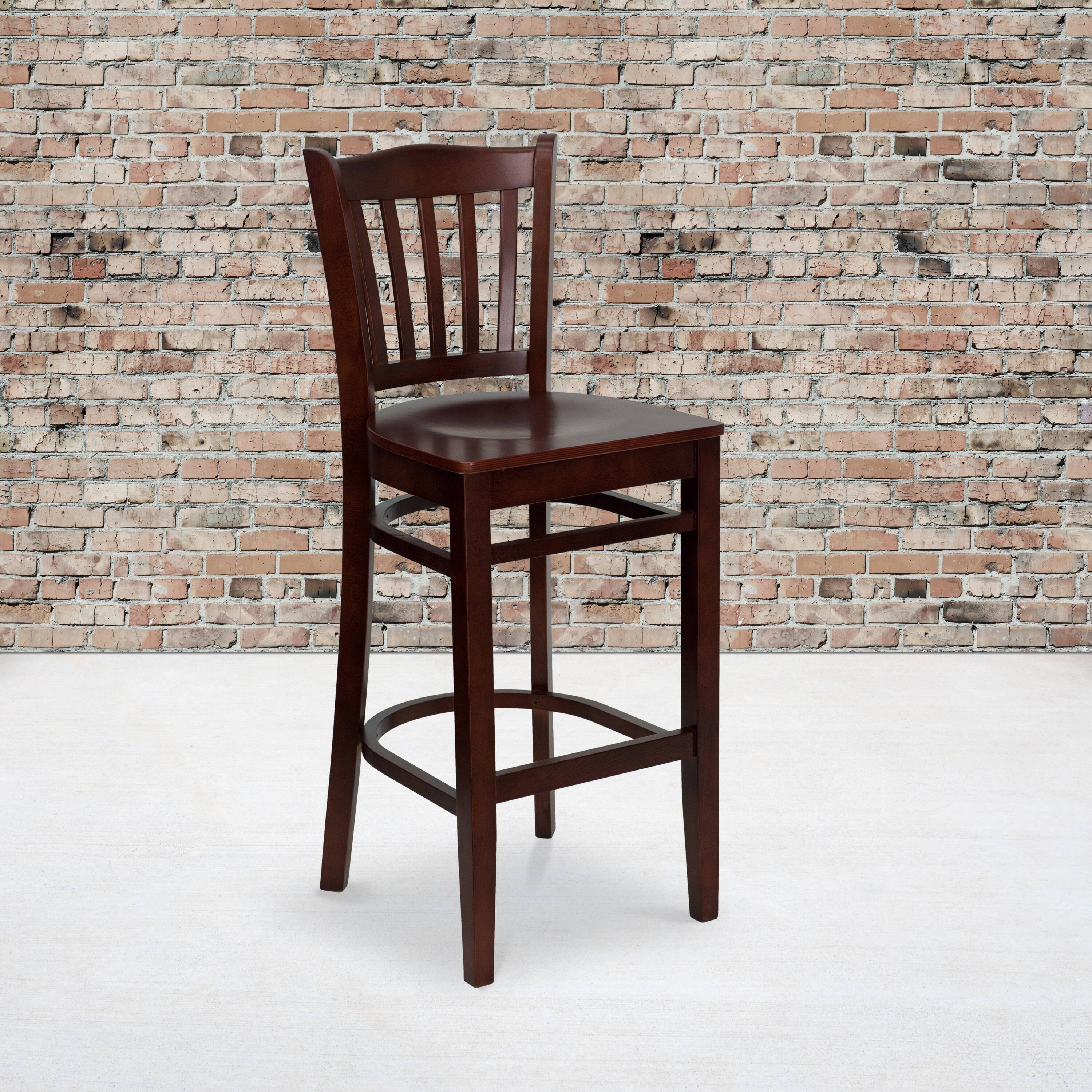 Alt View 1. Emma + Oliver - Vertical Slat Back Wooden Restaurant Dining Barstool - Mahogany Wood Seat/Mahogany Wood Frame.