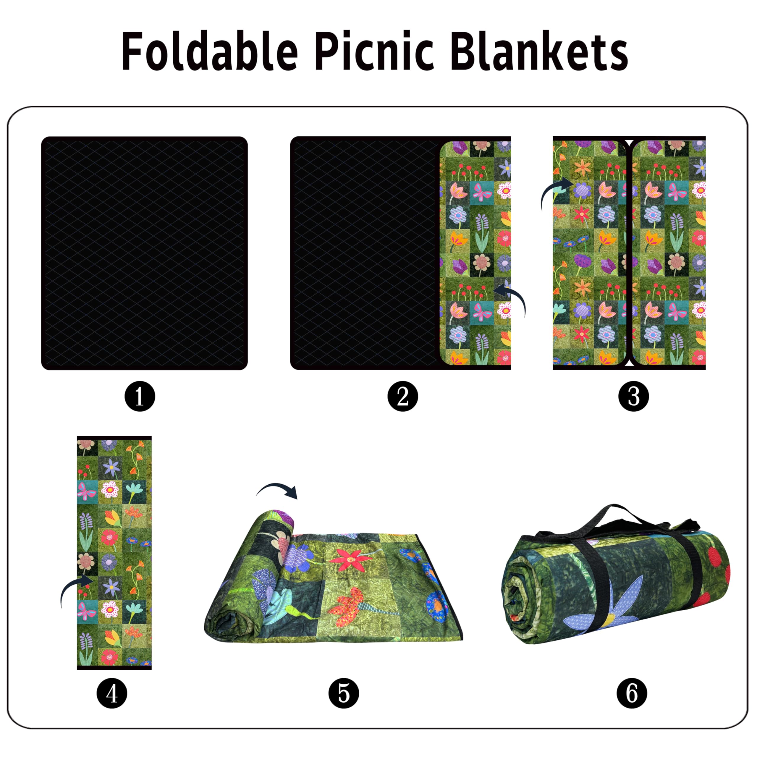 Foldable Picnic Blankets

1. Unfolded blanket
2. Blanket with floral pattern
3. Rolled-up blanket
4. Rolled-up blanket with floral pattern
5. Rolled-up blanket with floral pattern
6. Rolled-up blanket with floral pattern